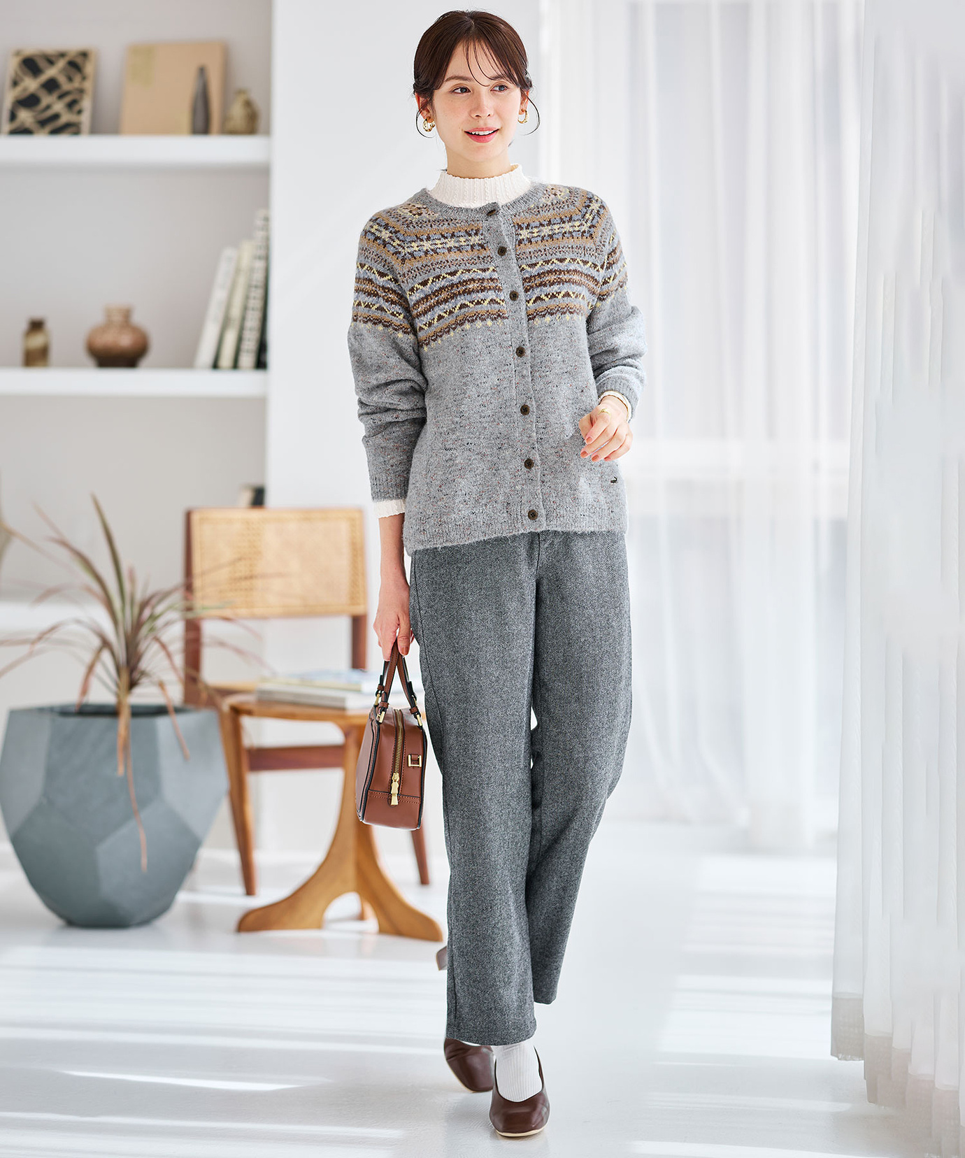 レディース ウールブレンド フェアアイル柄 ニットカーディガン