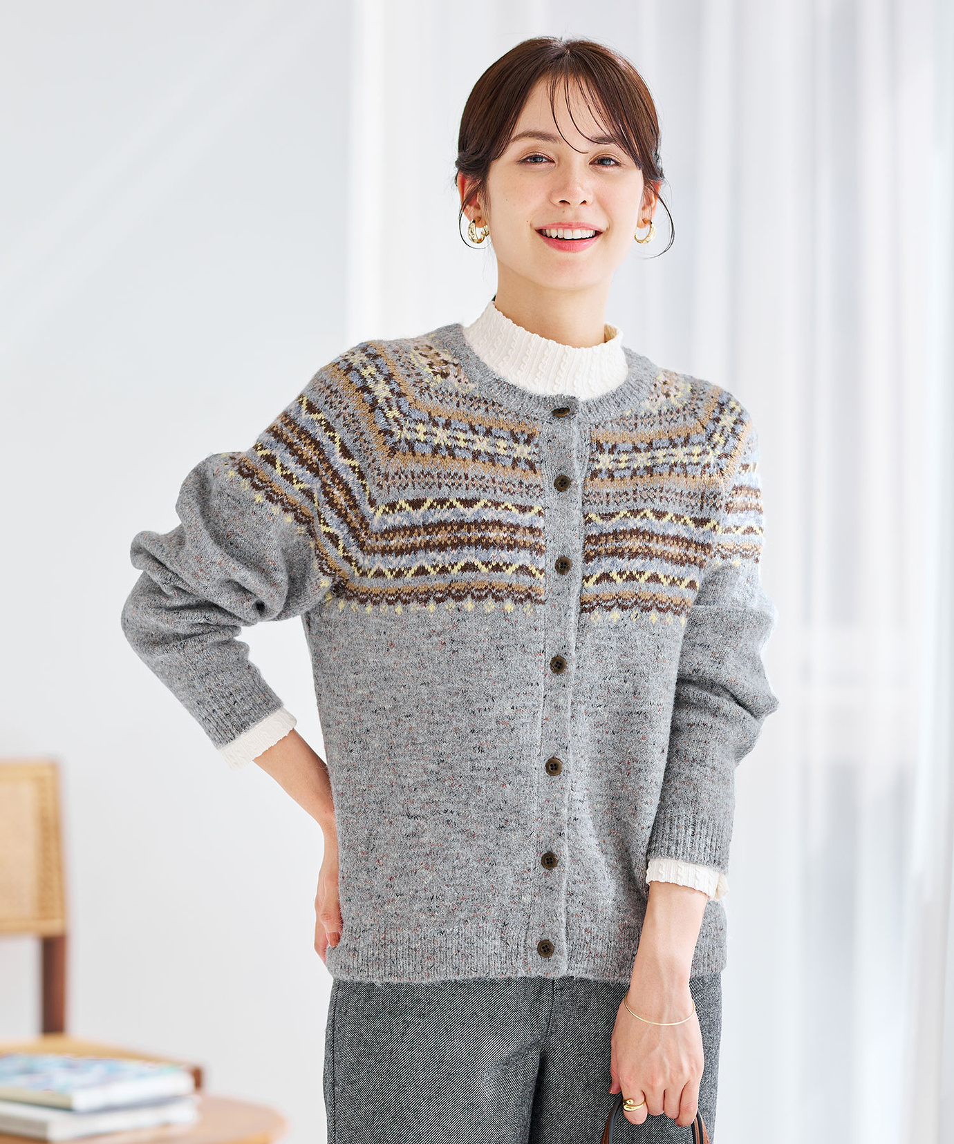 レディース ウールブレンド フェアアイル柄 ニットカーディガン