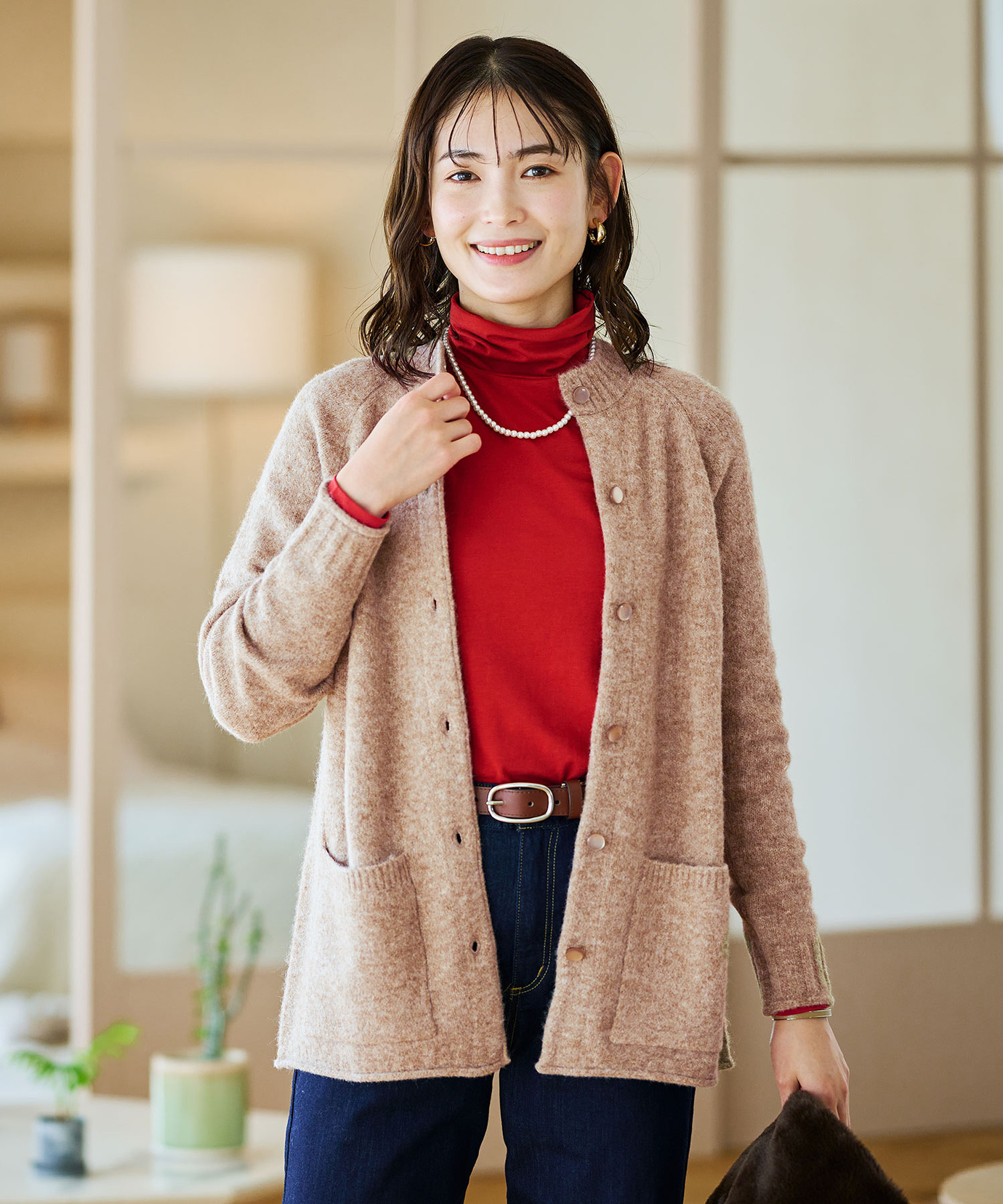 レディース ウールブレンド ラグランスリーブ ニットカーディガン