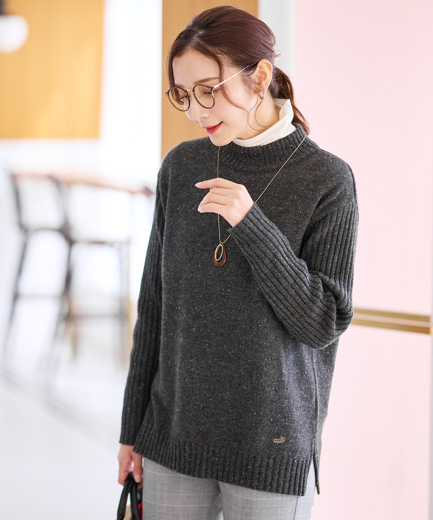 レディース ウールブレンド ハイネック ネップ ニットチュニック