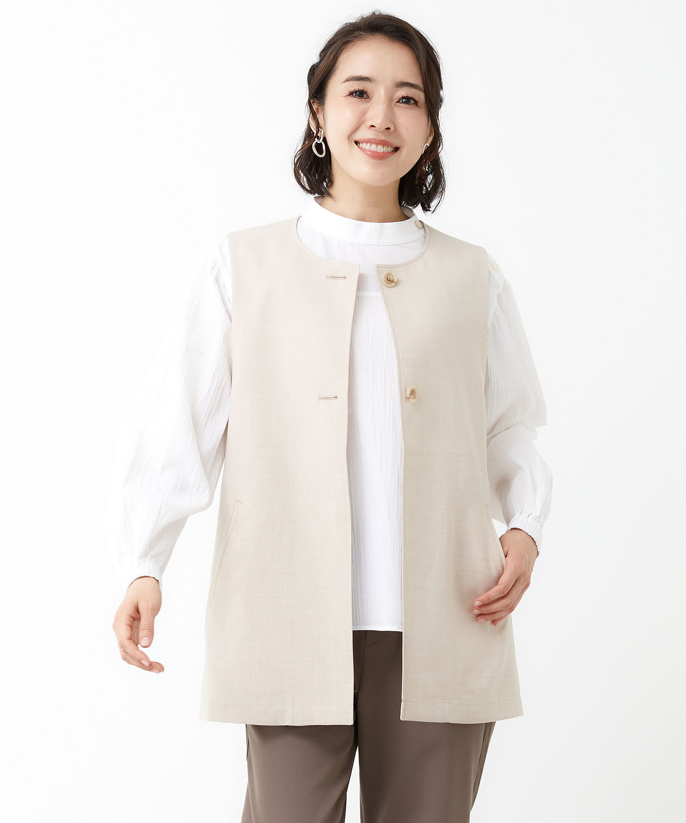 レディース リネンライク ノーカラー ベスト通販 [0304-53400