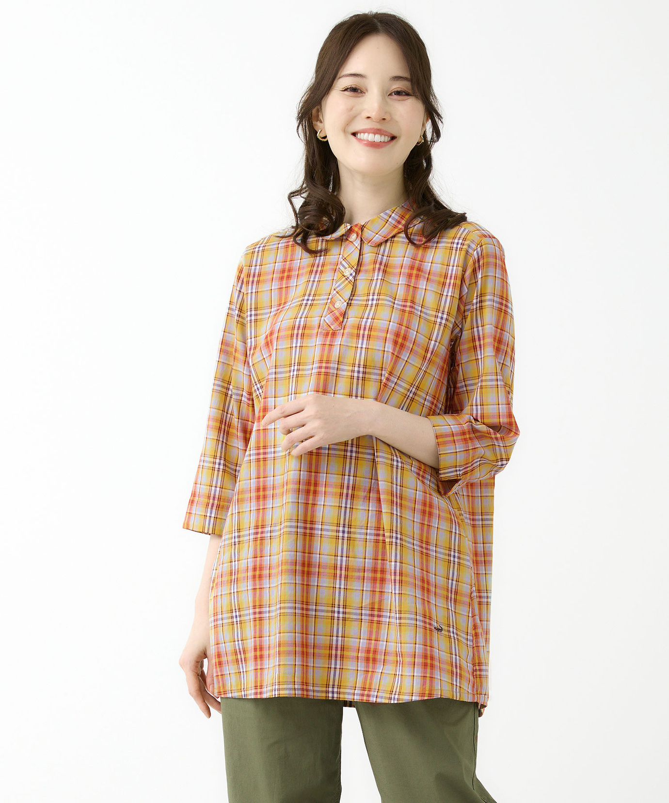 Plantation 五分袖 チュニック プルオーバー 最新 ドット チェック 綿