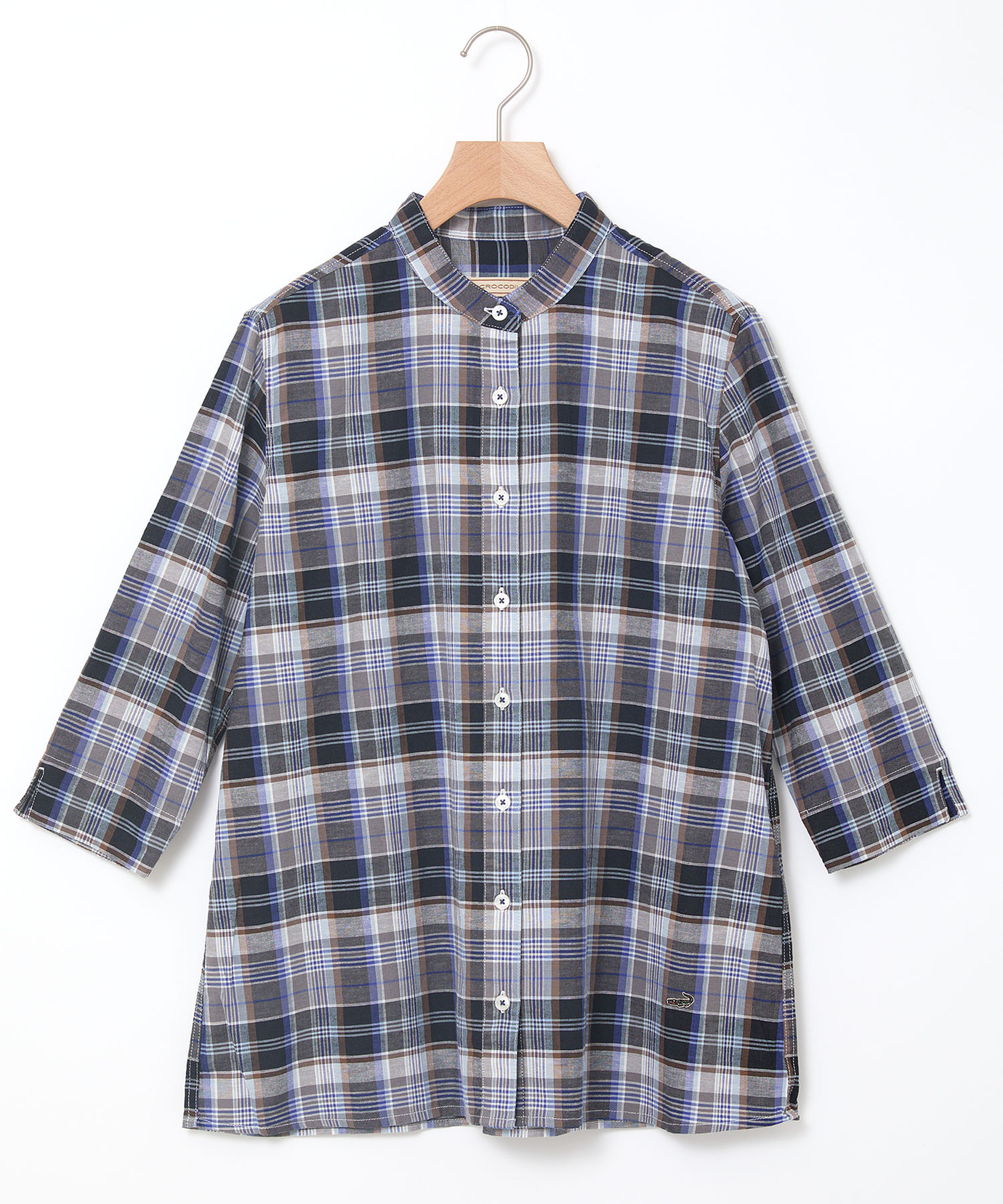 レディース コットンリネン チェック バンドカラーチュニック【一部