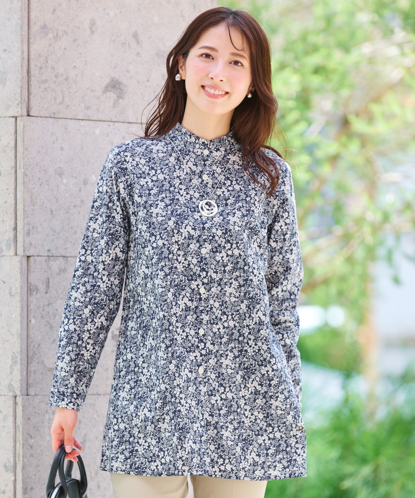 レディース フリルカラー 小花柄 チュニック【オンライン