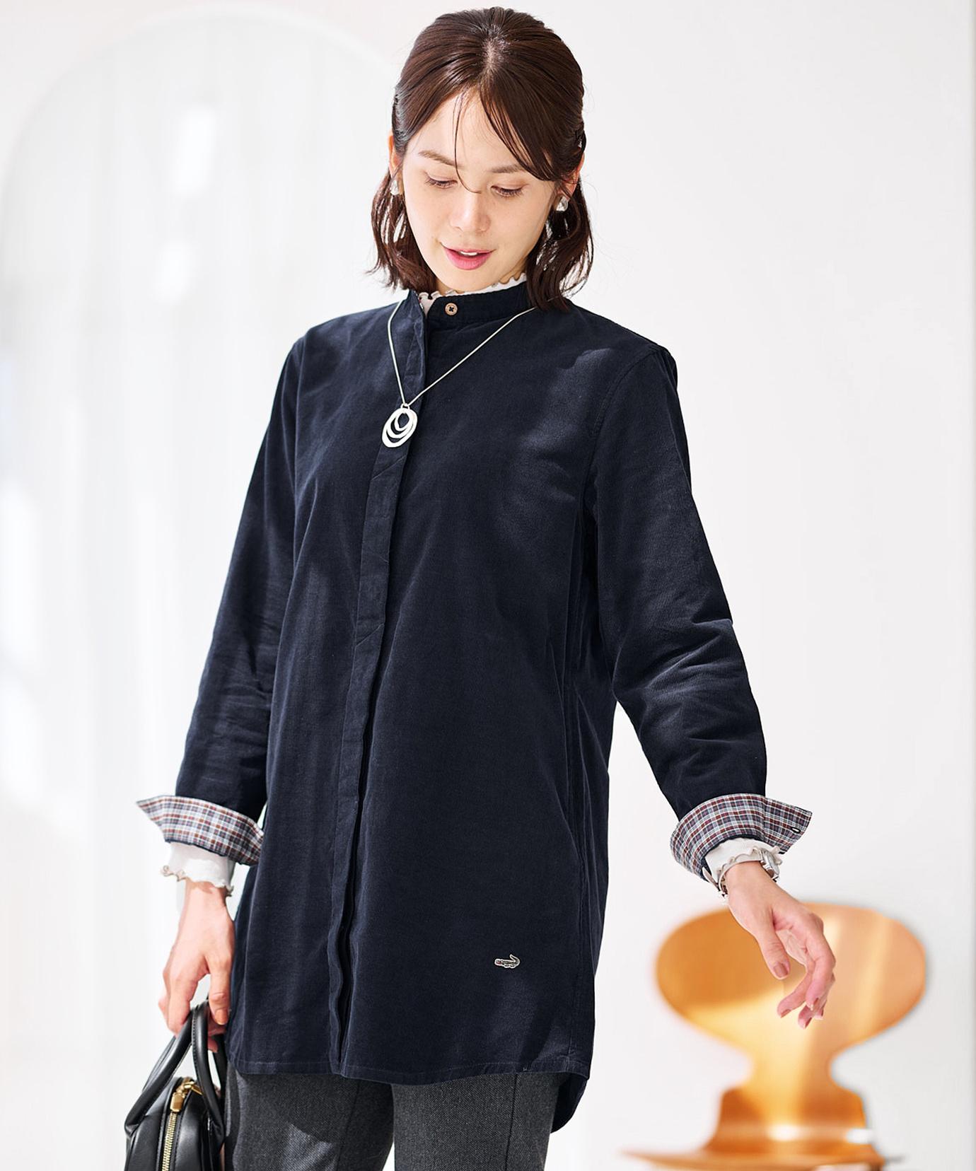 レディース コーデュロイ バンドカラー チュニック【オンライン