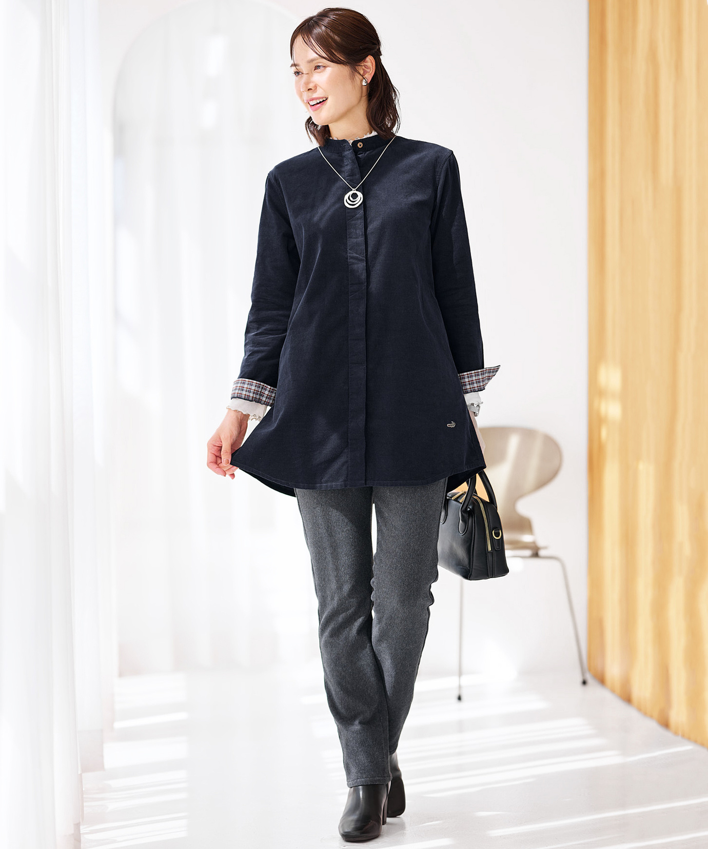 レディース コーデュロイ バンドカラー チュニック【オンライン