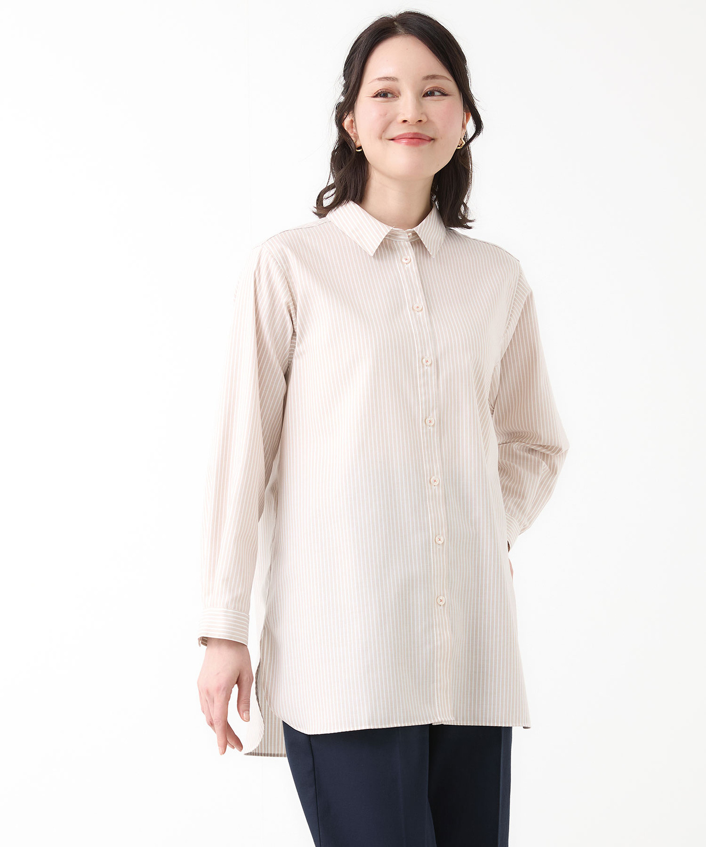 極美品 フィーニー ギャザー ストライプ バンドカラー チュニック シャツ 茶色 極美品 フィーニー ギャザー ストライプ バンドカラー チュニック