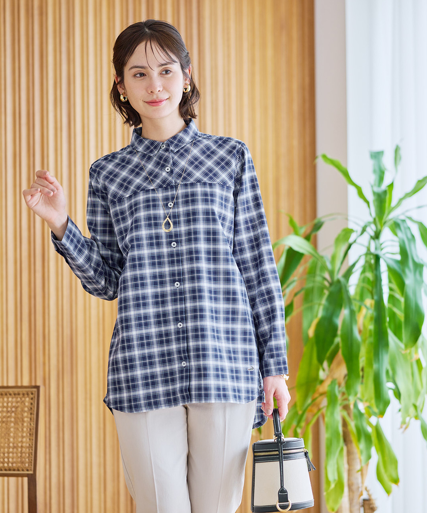 めーたん様プレゼント タータンチェック シャツ チュニック ブラウス スモッグ トップス 青 シャツ ブラウス チュニック チュニックシャツ チェック柄 トップス