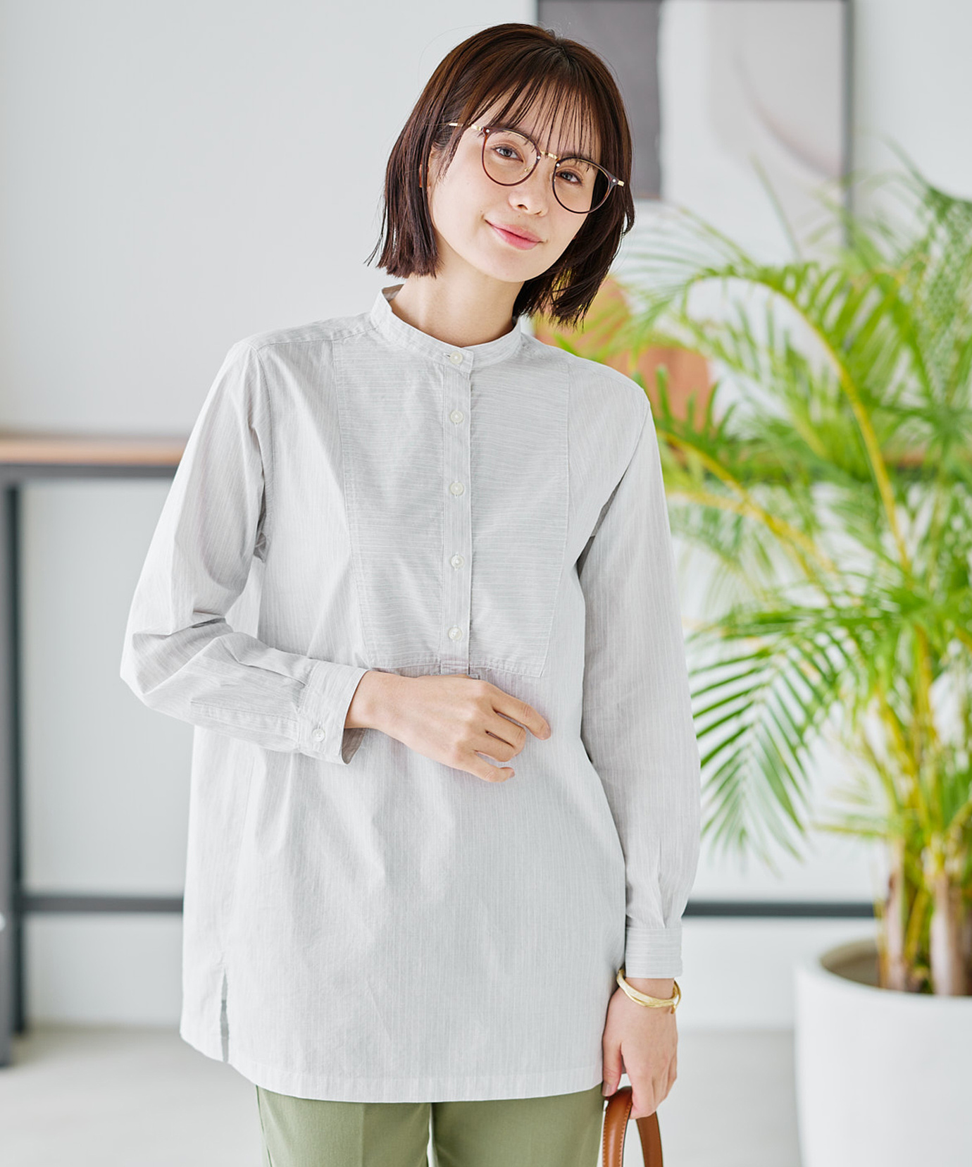 レディース ストライプ切り替え バンドカラー チュニック【オンライン