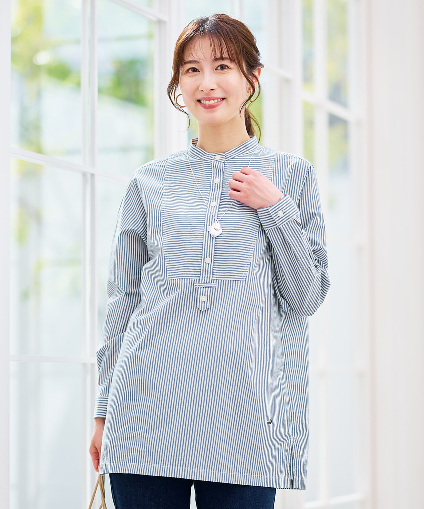 群言堂登美グレー ストライプ 長袖チュニック レディース ストライプ切り替え バンドカラー チュニック【オンライン