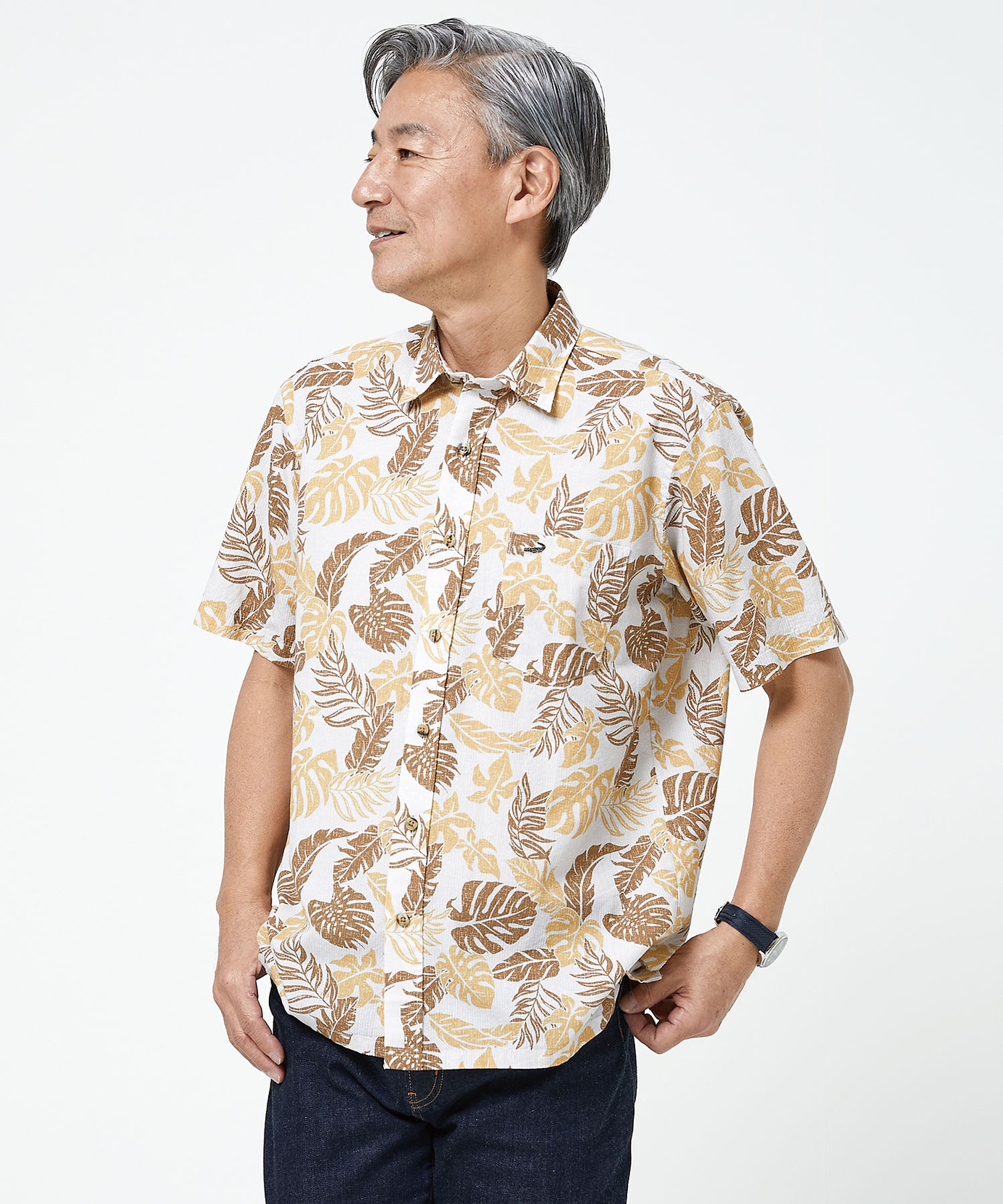 メンズ スノーリネン サッカー リーフ柄シャツ【接触冷感】通販 [1001
