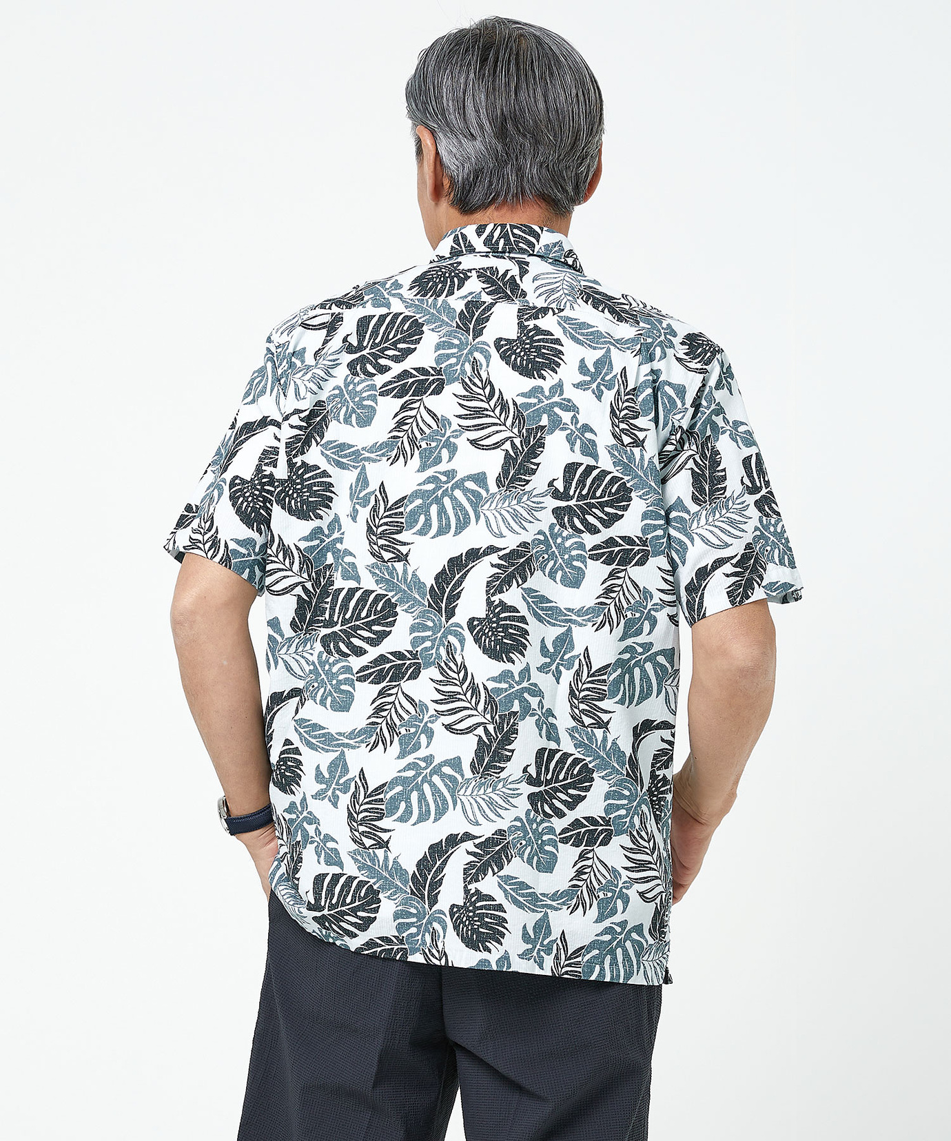 メンズ スノーリネン サッカー リーフ柄シャツ【接触冷感】通販