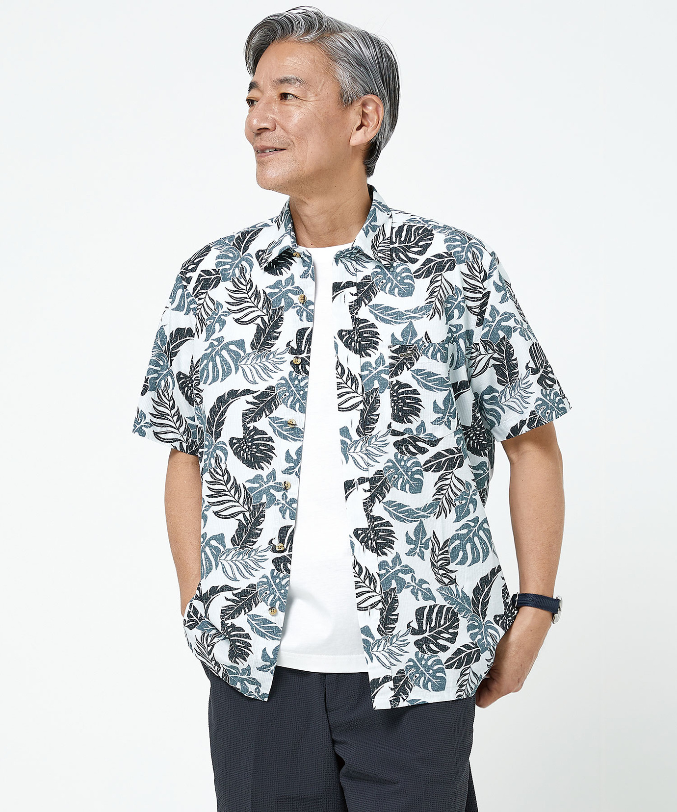 メンズ スノーリネン サッカー リーフ柄シャツ【接触冷感】通販 [1001