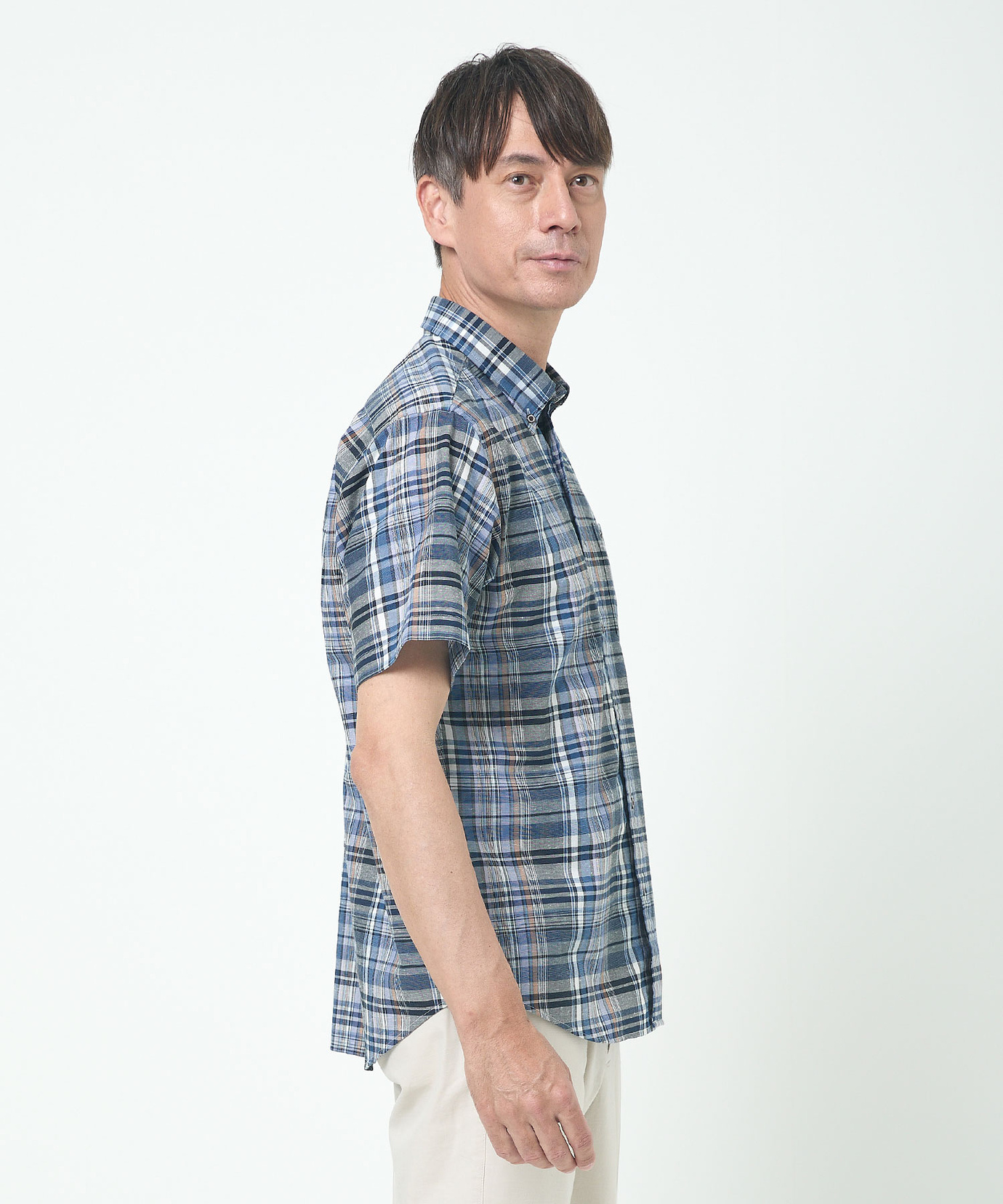 メンズ リネンブレンド チェック柄 シャツ【吸汗速乾】【シワになり