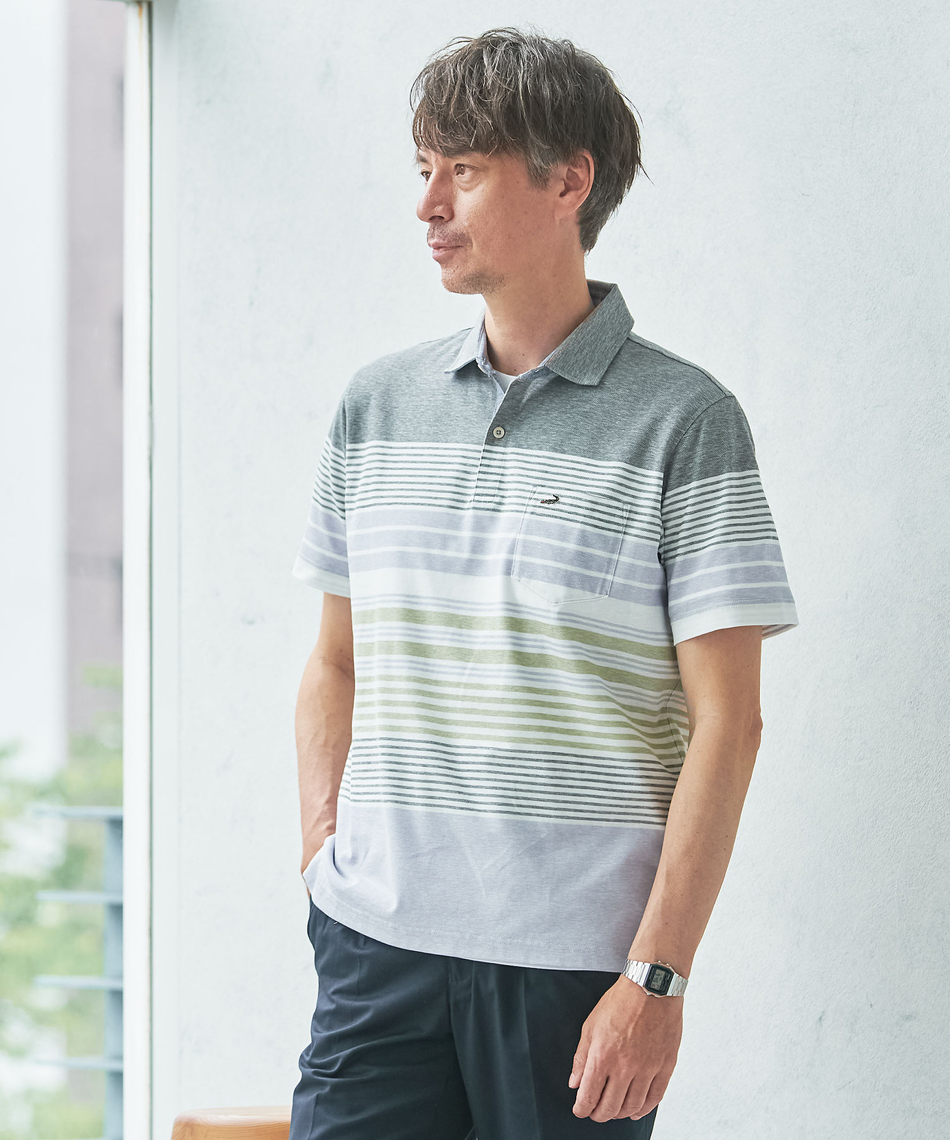 CROCODILE /クロコダイル スノーリネン パネルボーダー ポロシャツ メンズ スノーリネン パネルボーダー柄 ポロシャツ【接触冷感