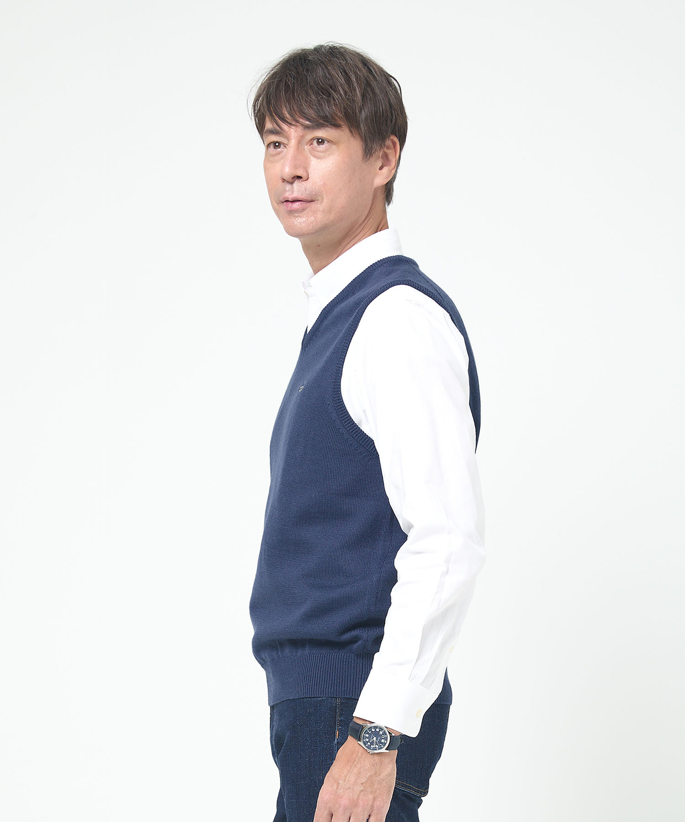 ネイビー　ワンショルダーベスト ストレッチデニムワンショルダーベスト／洗える | TRUNK HIROKO