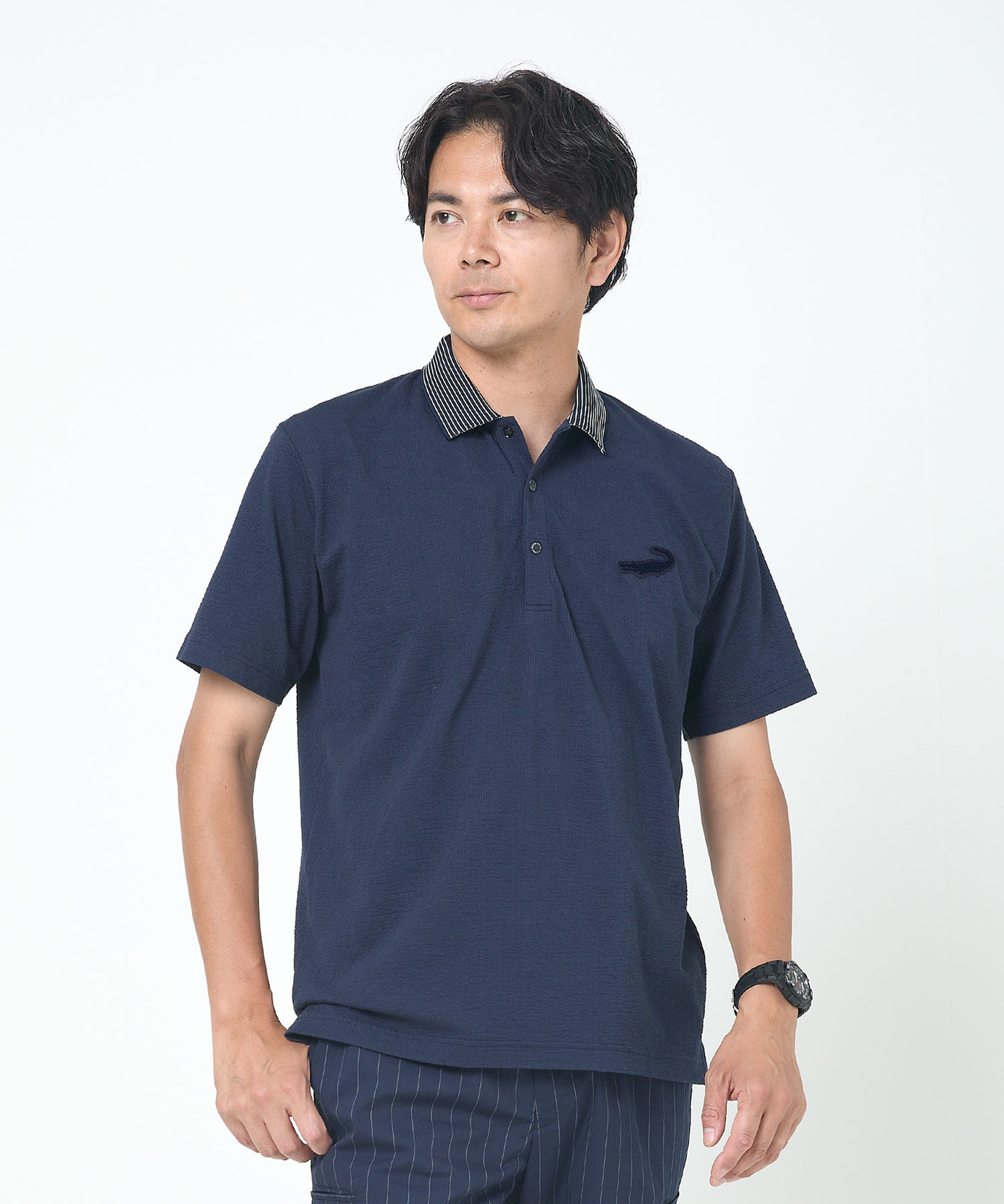 メンズ シアサッカー 配色切替 ポロシャツ通販 [1502-53270