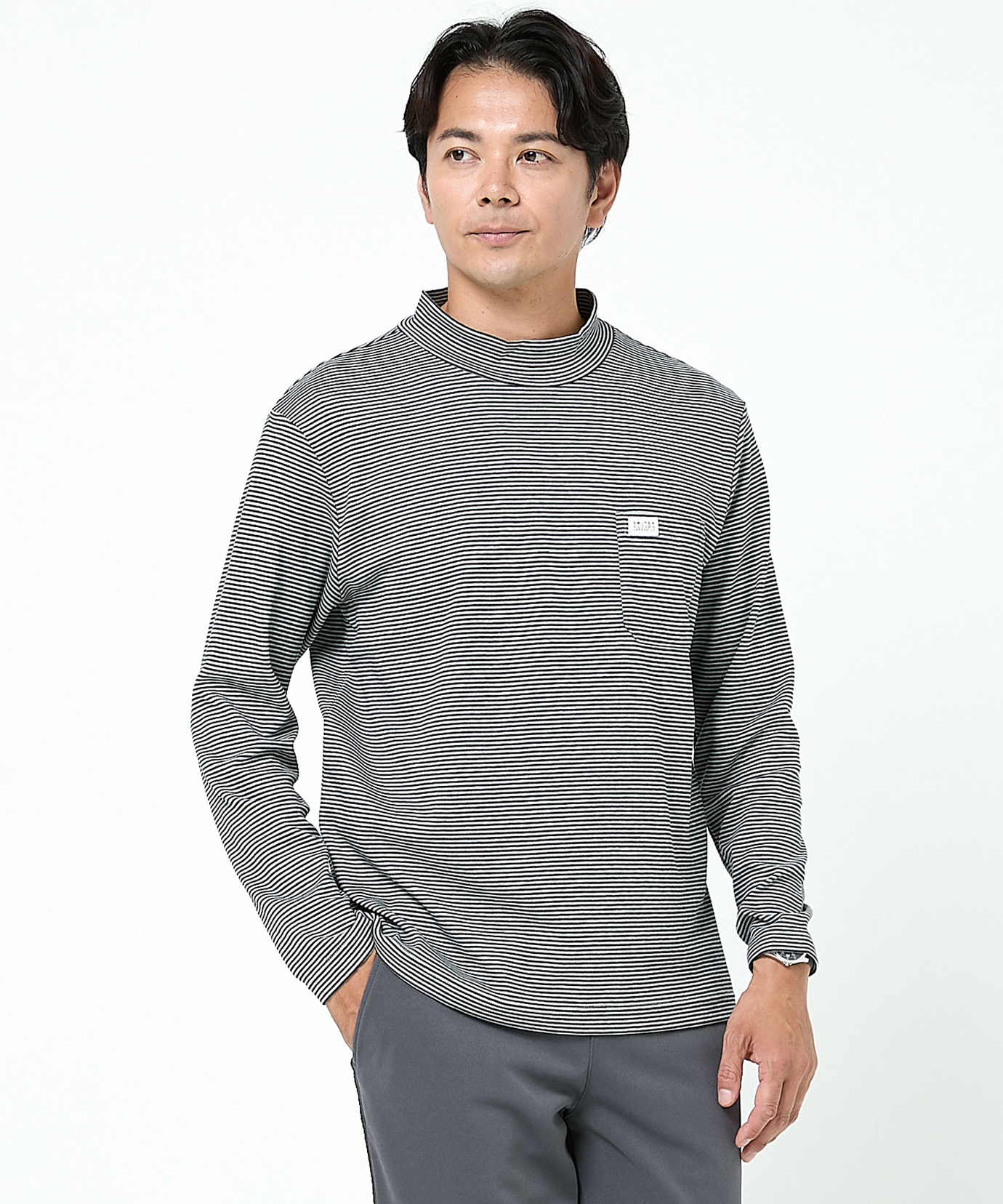 メンズ スムース ボーダー柄 ハイネック カットソー通販 [1502-55280
