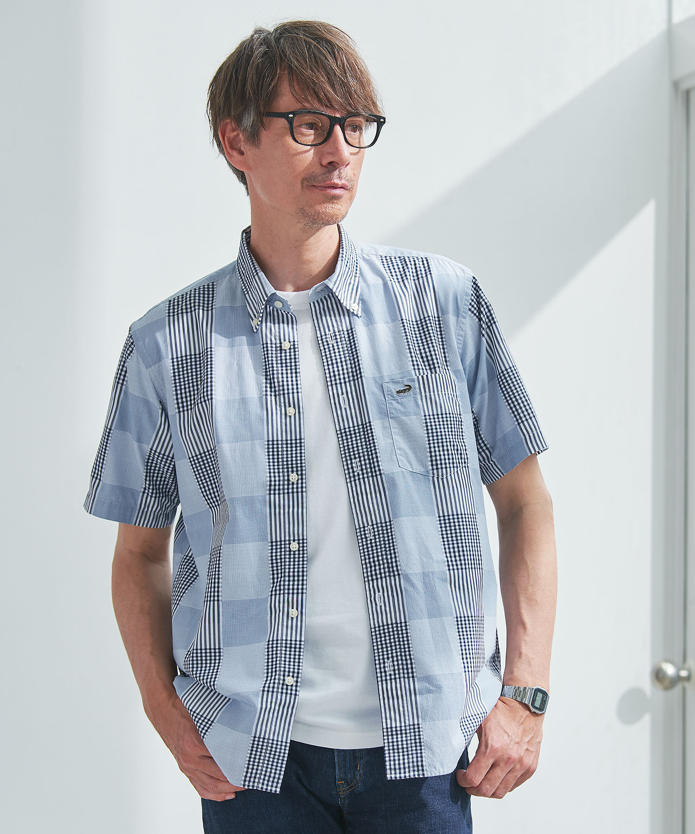 メンズ パッチワーク風 チェック シャツ通販 [1601-00511