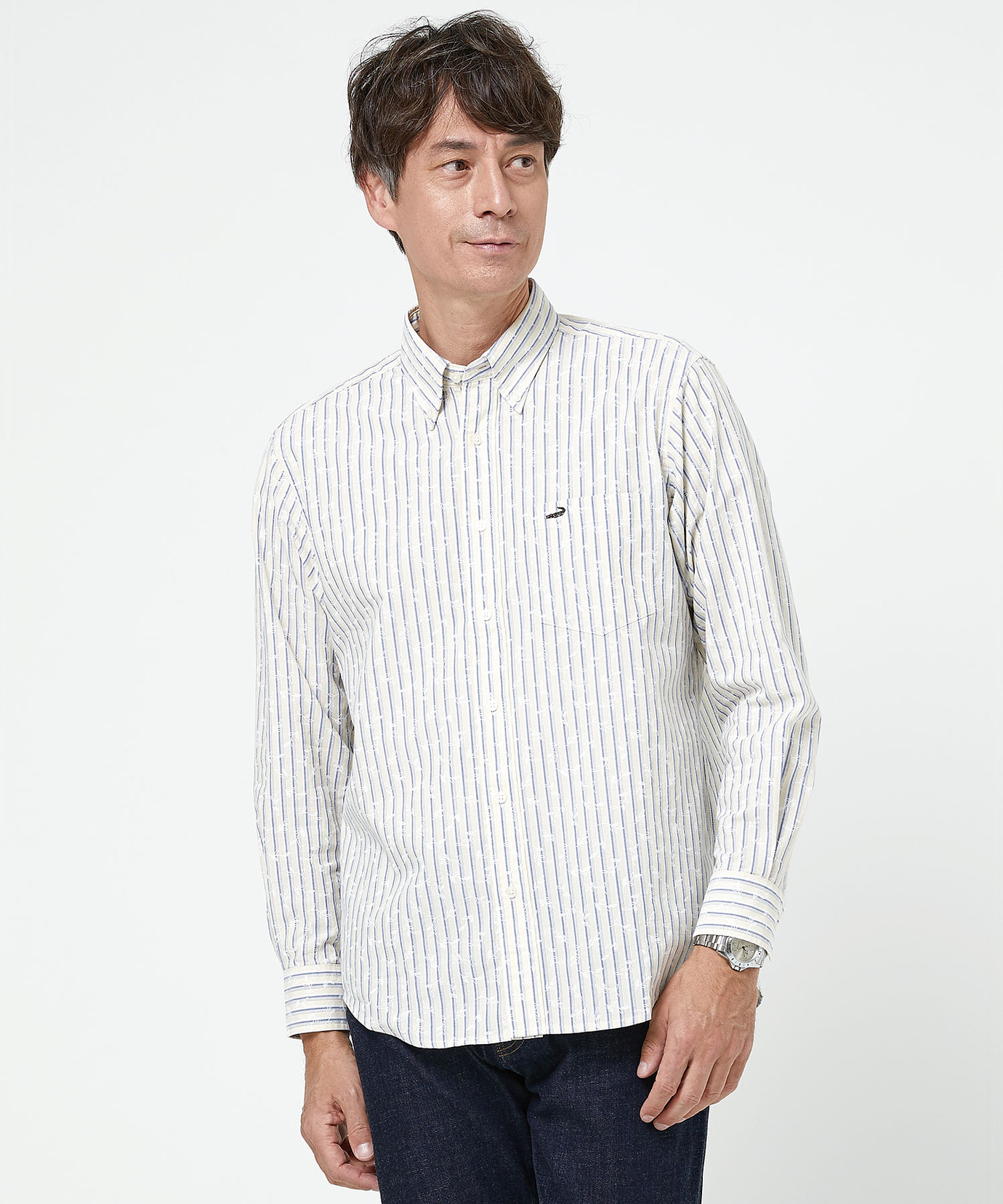 メンズ ストライプ リーフ柄 オックスフォード シャツ通販 [1601-51106