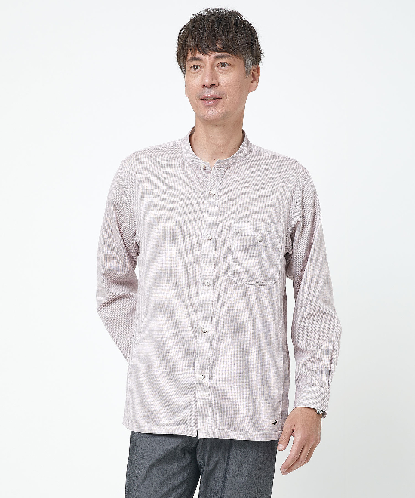 メンズ リネンブレンド バンドカラー シャツ通販 [1601-53101