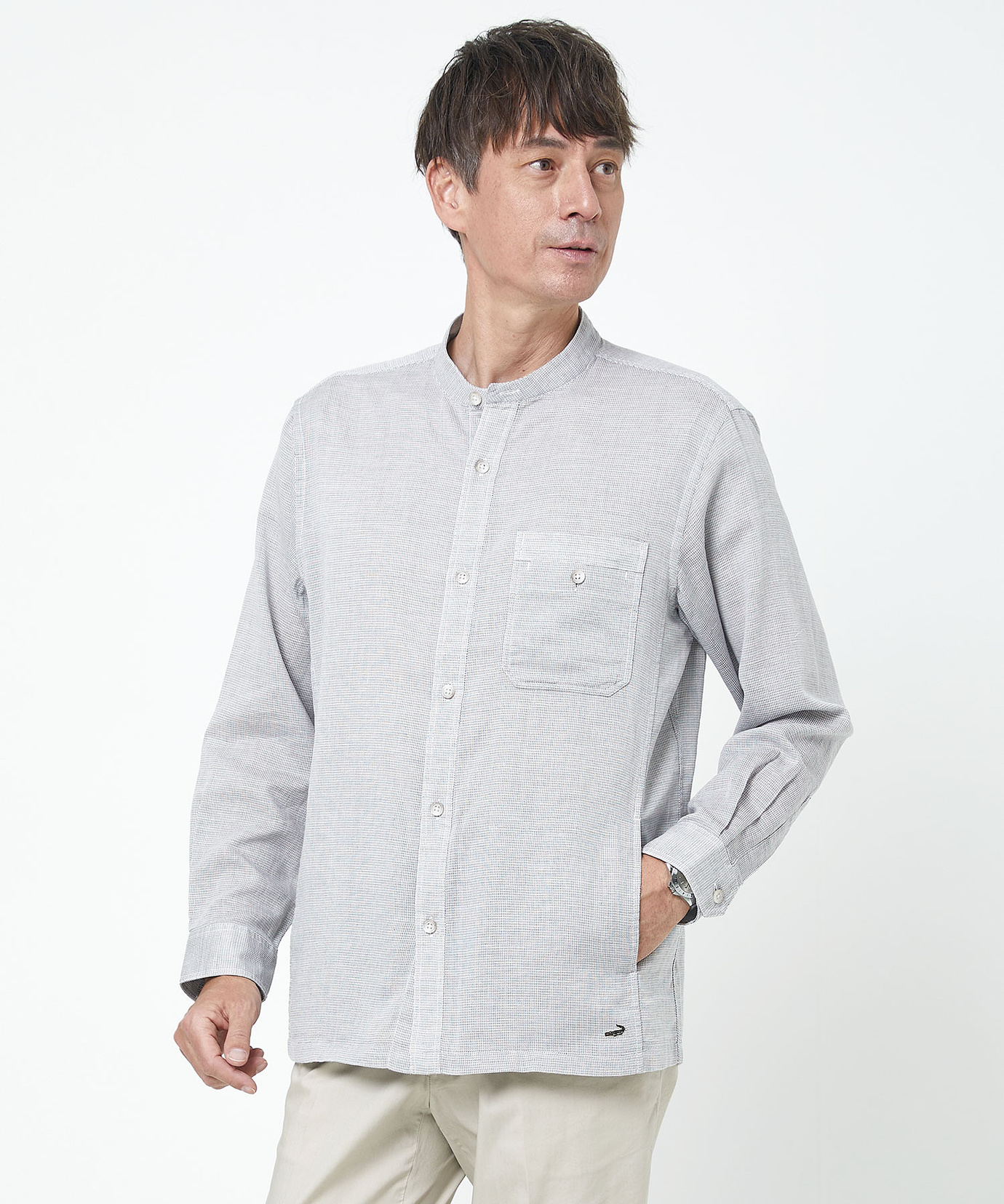 メンズ リネンブレンド バンドカラー シャツ通販 [1601-53101