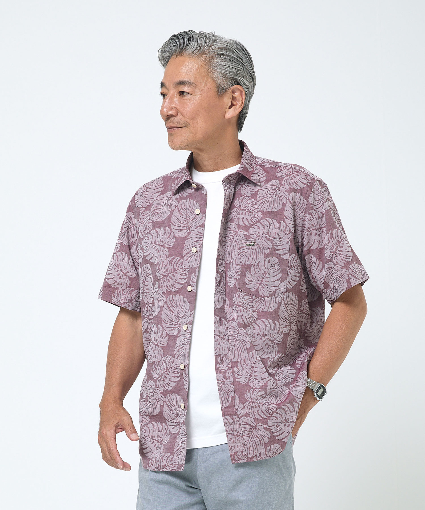 メンズ ジャカード リーフ柄 シャツ 【吸汗速乾】【シワになりにくい