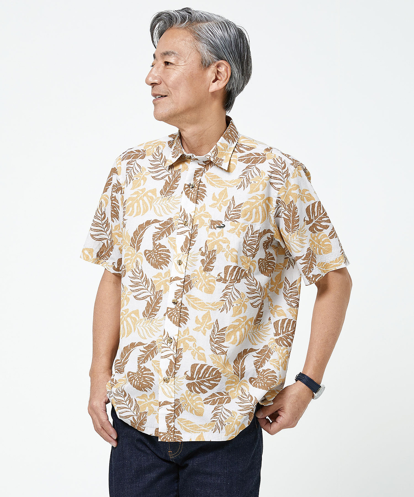 メンズ スノーリネン サッカー リーフ柄シャツ【接触冷感】通販 [1601