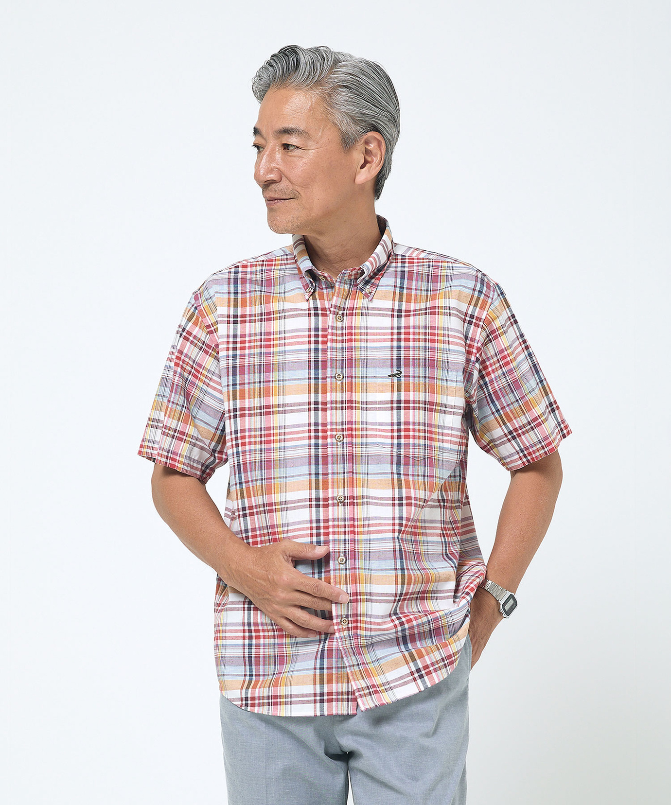 メンズ リネンブレンド チェック柄 シャツ【吸汗速乾】【シワになり