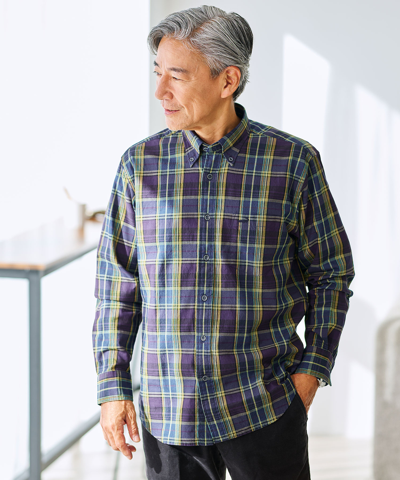 メンズ インディゴ糸 チェック柄 シャツ通販 [1601-55114