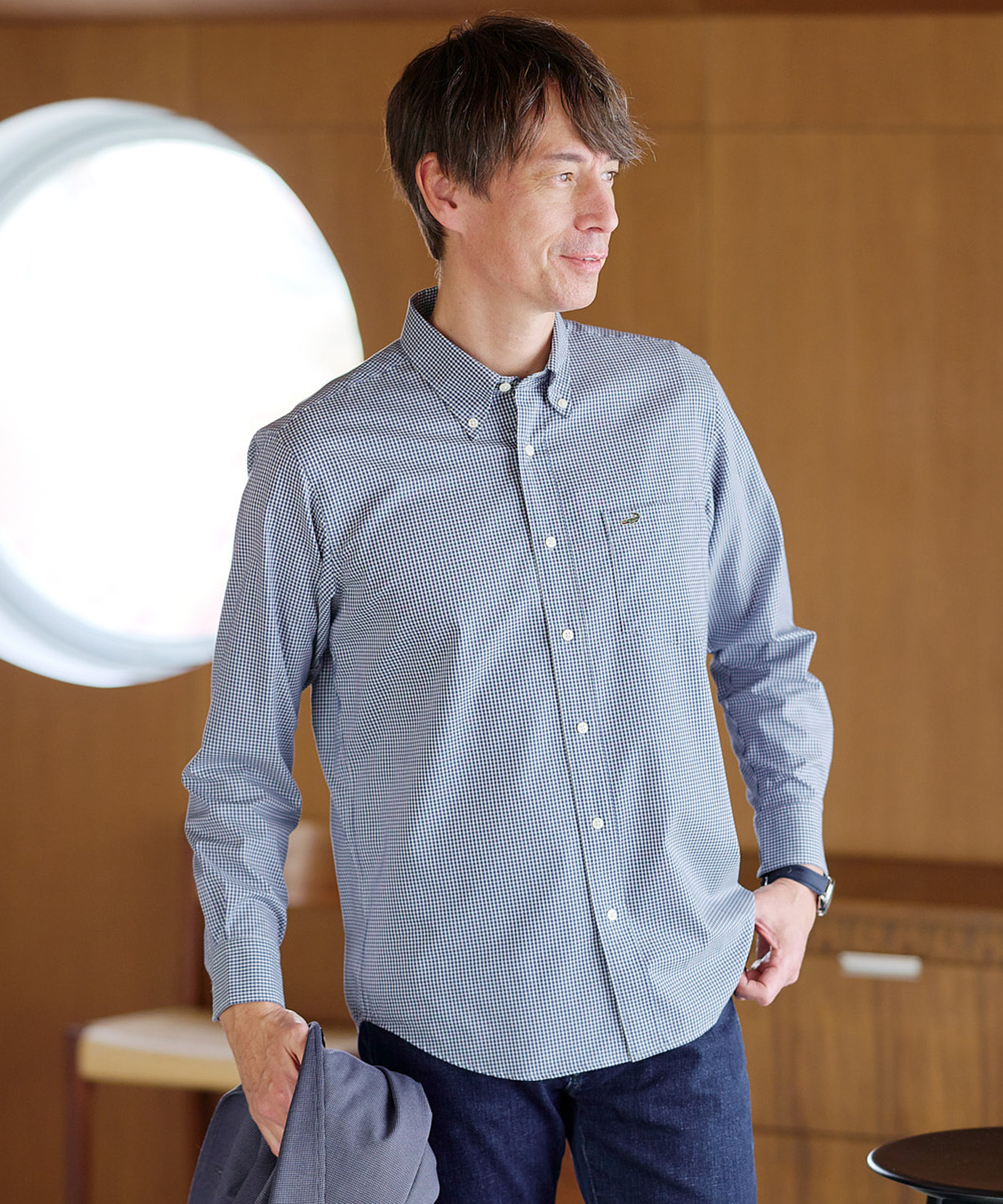 メンズ ノンアイロン ギンガムチェック ボタンダウンシャツ【シワに