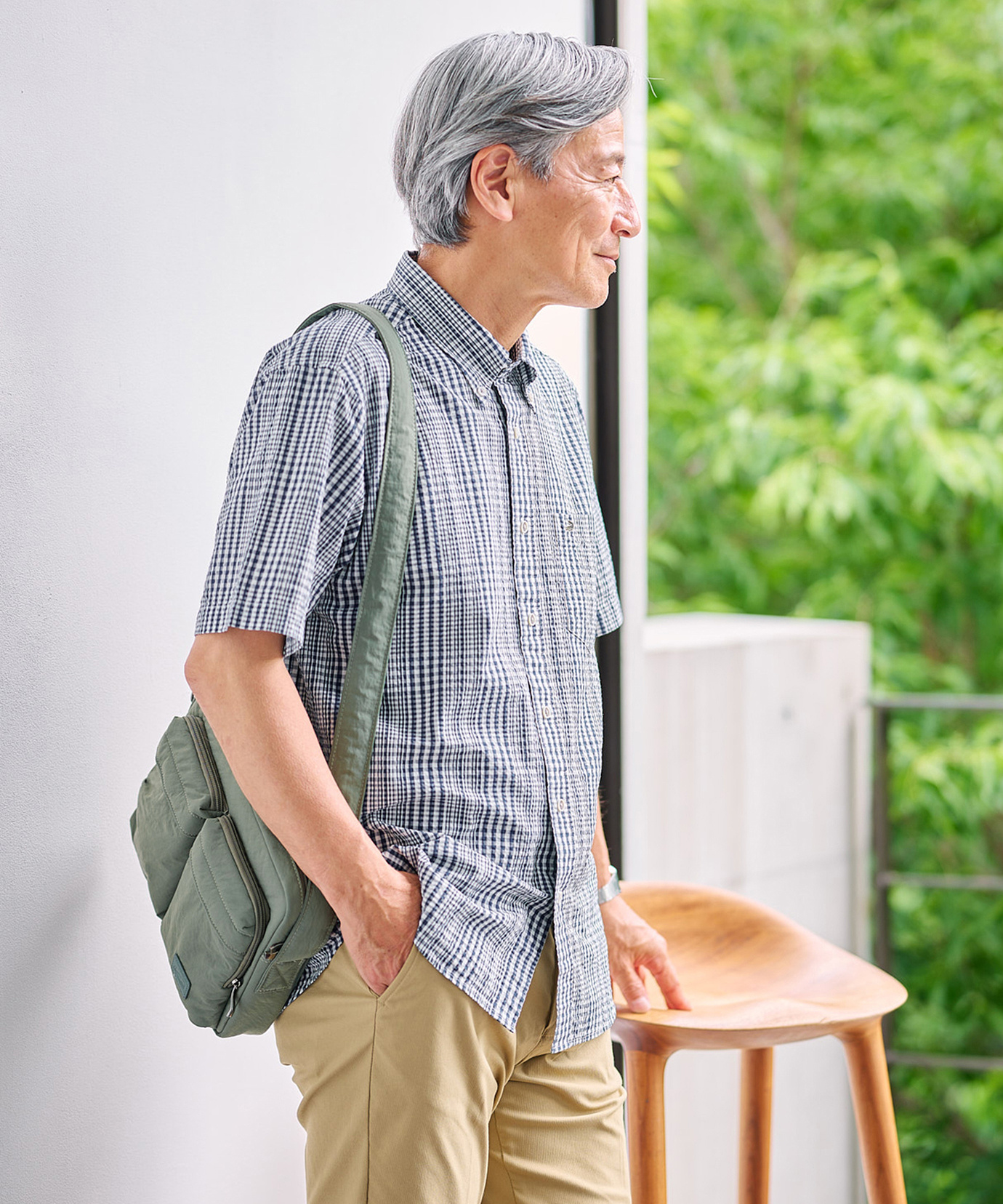 メンズ スノーコットン グラデーションチェック シャツ【接触冷感