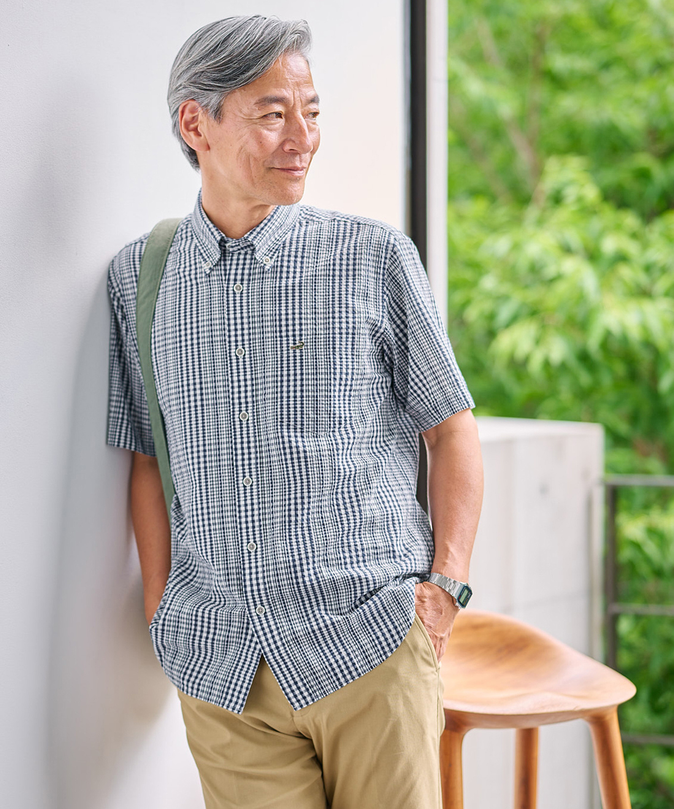 メンズ スノーコットン グラデーションチェック シャツ【接触冷感