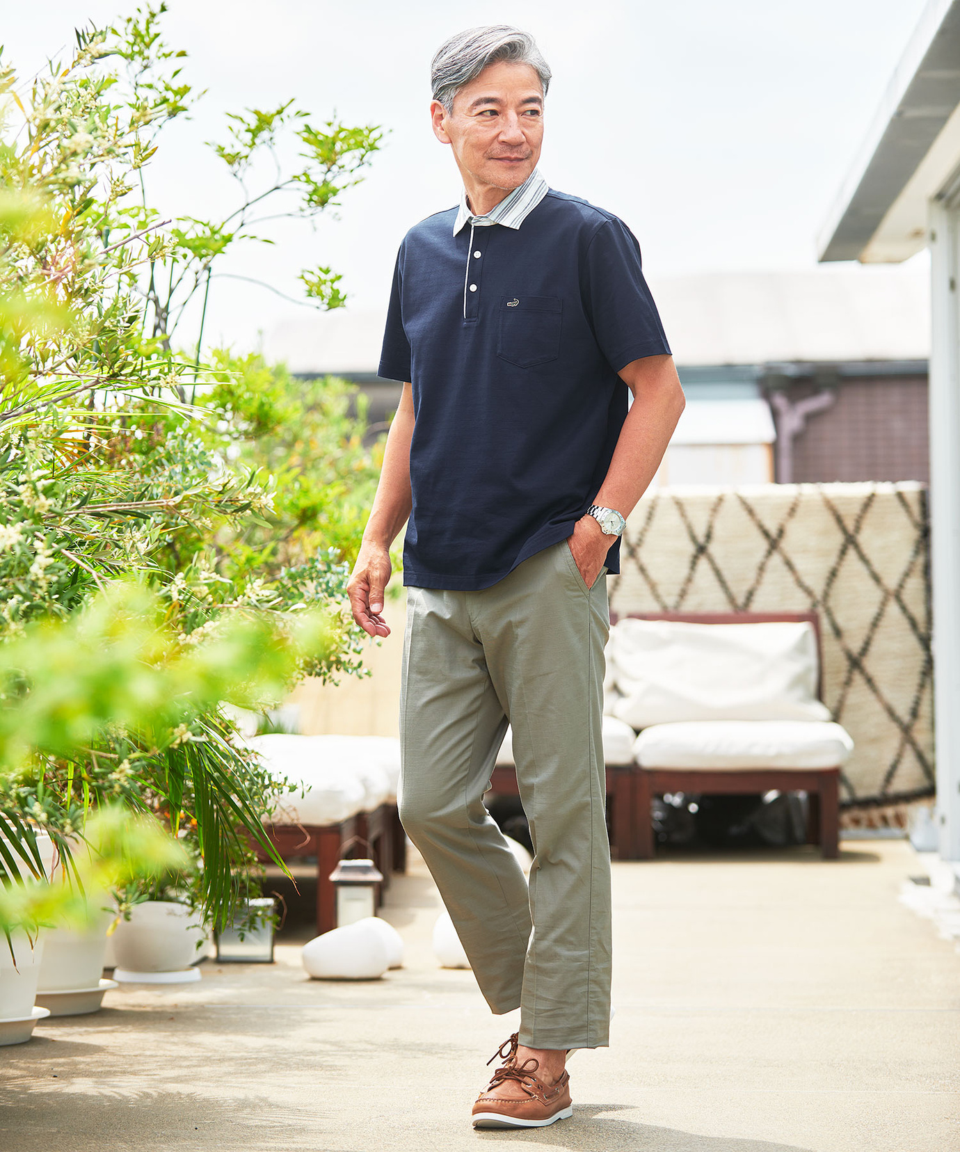 メンズ 襟布帛 シャドーボーダー ポロシャツ通販 [1602-00512