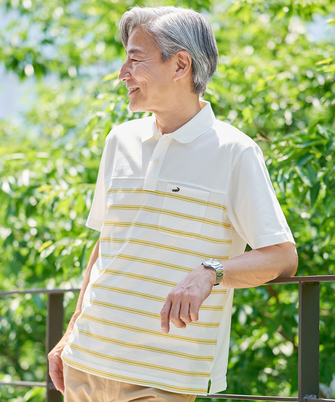 9月まで　美品　45R 縞カノコのMキャミポロ 63-白×グリーンボーダー メンズ 鹿の子 パネルボーダー ポロシャツ【吸汗速乾】通販 [1602