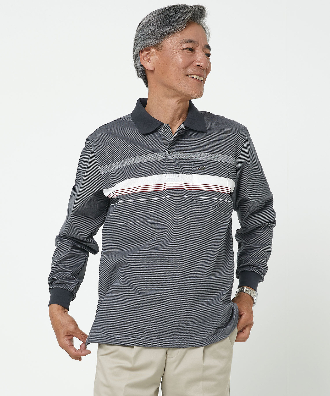 メンズ パネルボーダー柄 長袖 ポロシャツ 【日本製生地】通販 [1602