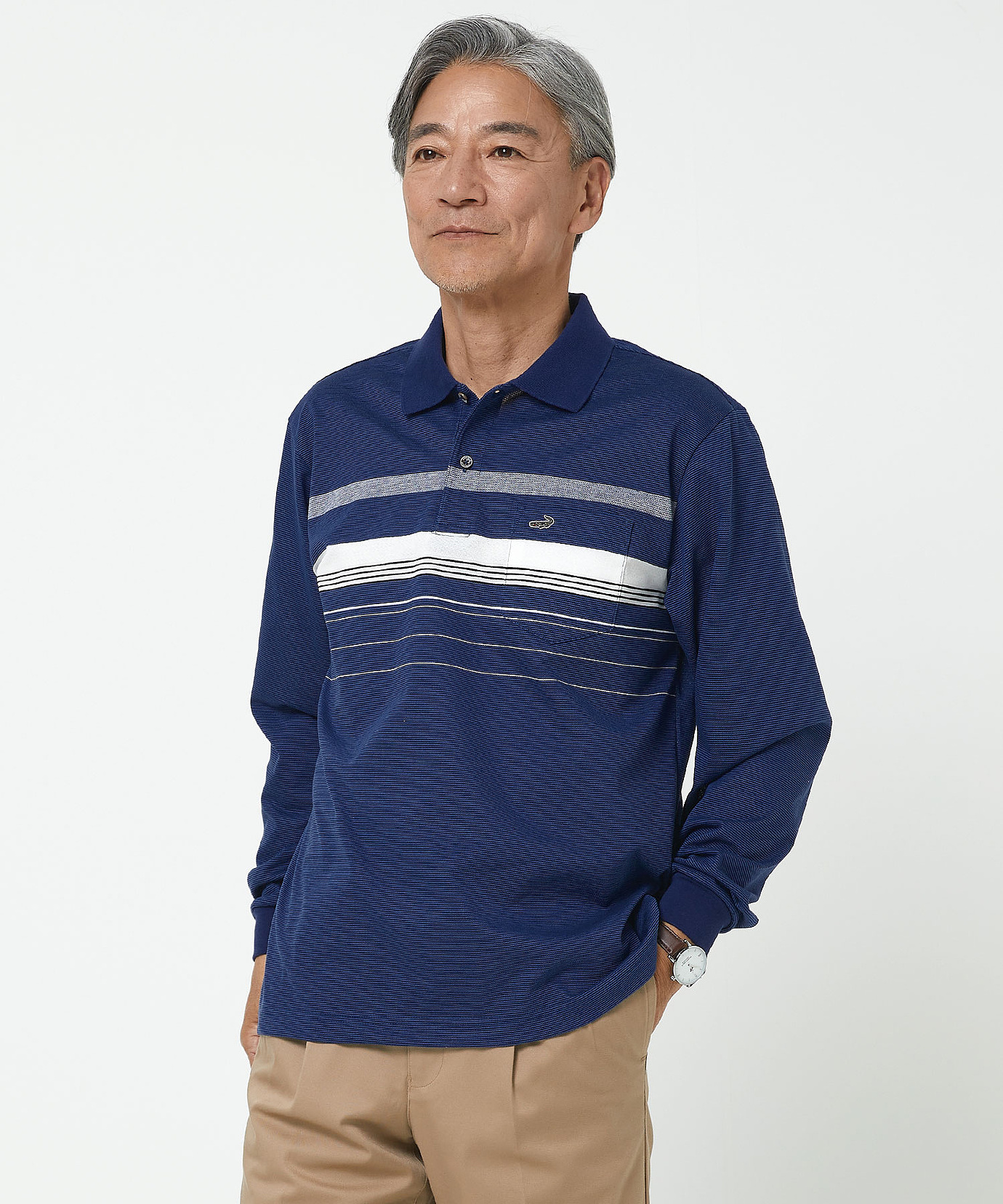 メンズ パネルボーダー柄 長袖 ポロシャツ 【日本製生地】通販 [1602