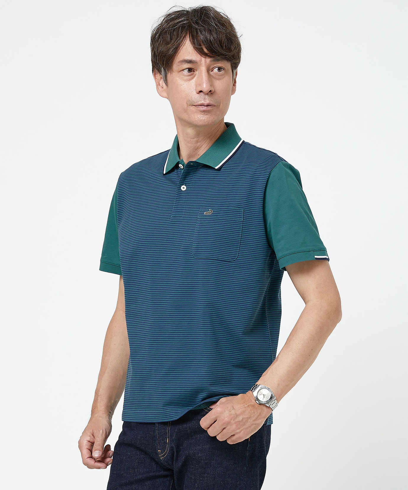 メンズ スノーコットン 鹿の子 ボーダー柄 ポロシャツ【接触冷感】通販