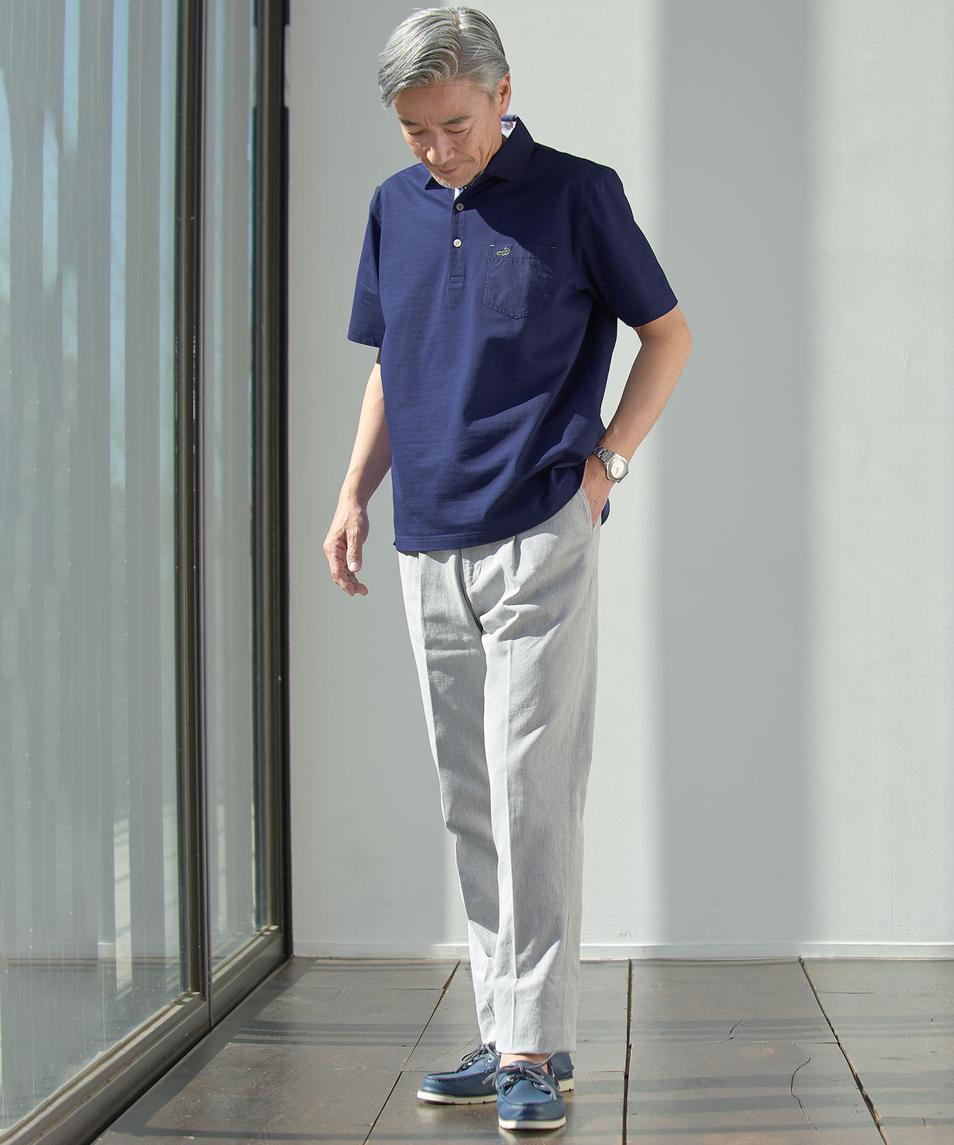 メンズ スノーコットン シャドーボーダー柄 ポロシャツ【接触冷感