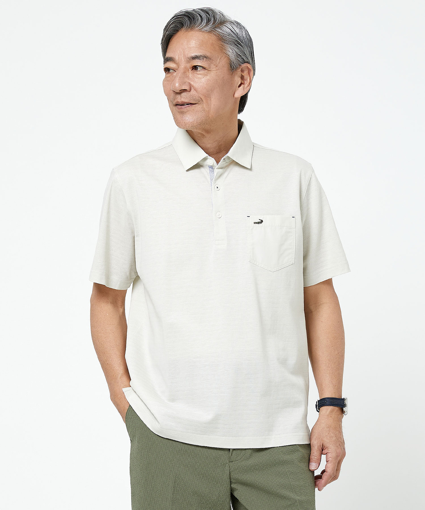 メンズ スノーコットン シャドーボーダー柄 ポロシャツ【接触冷感