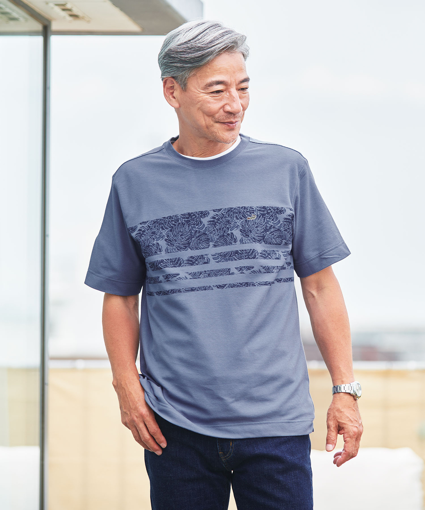 メンズ 鹿の子 リーフプリント柄 Tシャツ【吸汗速乾】通販 [1602-53220