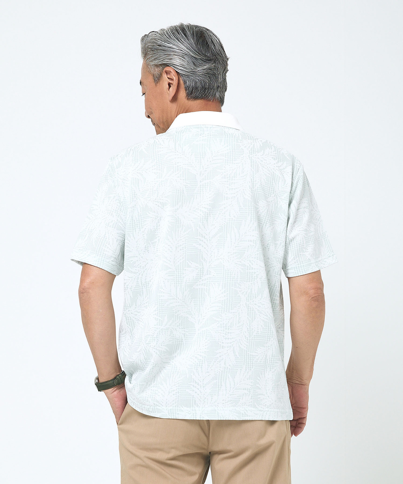 メンズ グレンチェック リーフ柄 ポロシャツ【日本製】【吸汗速乾