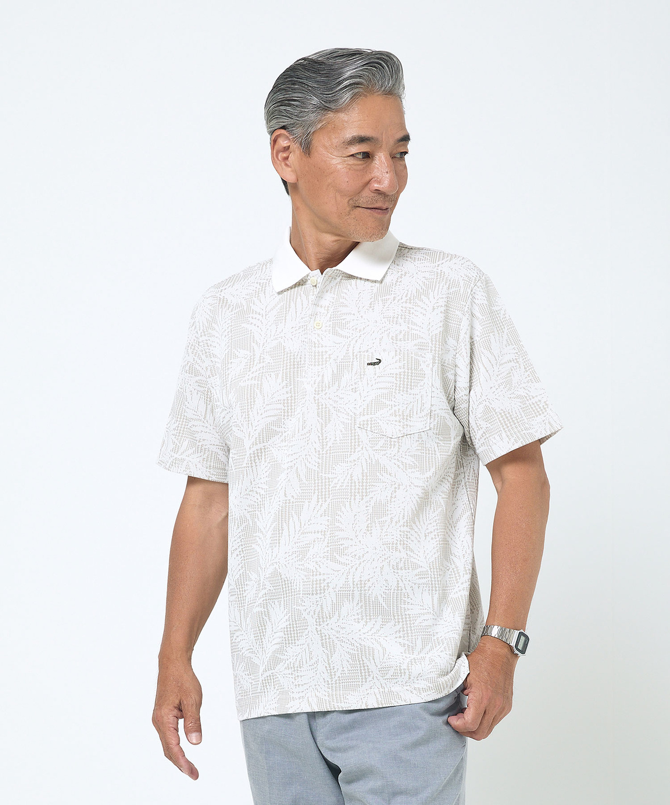 メンズ グレンチェック リーフ柄 ポロシャツ【日本製】【吸汗速乾