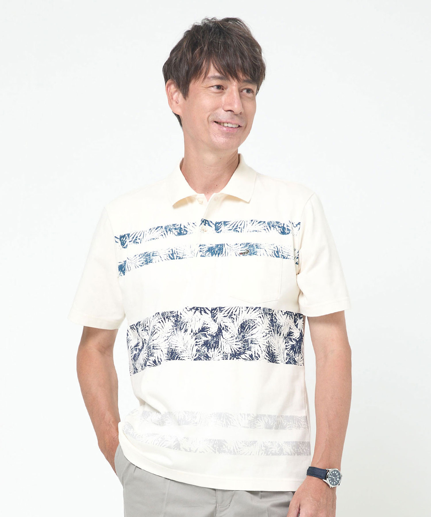 【新品・タグ付き】ANEW メンズ ポロシャツ L ブルー ホワイト ペイント メンズ リーフ柄プリント ポロシャツ 通販 [1602-54216