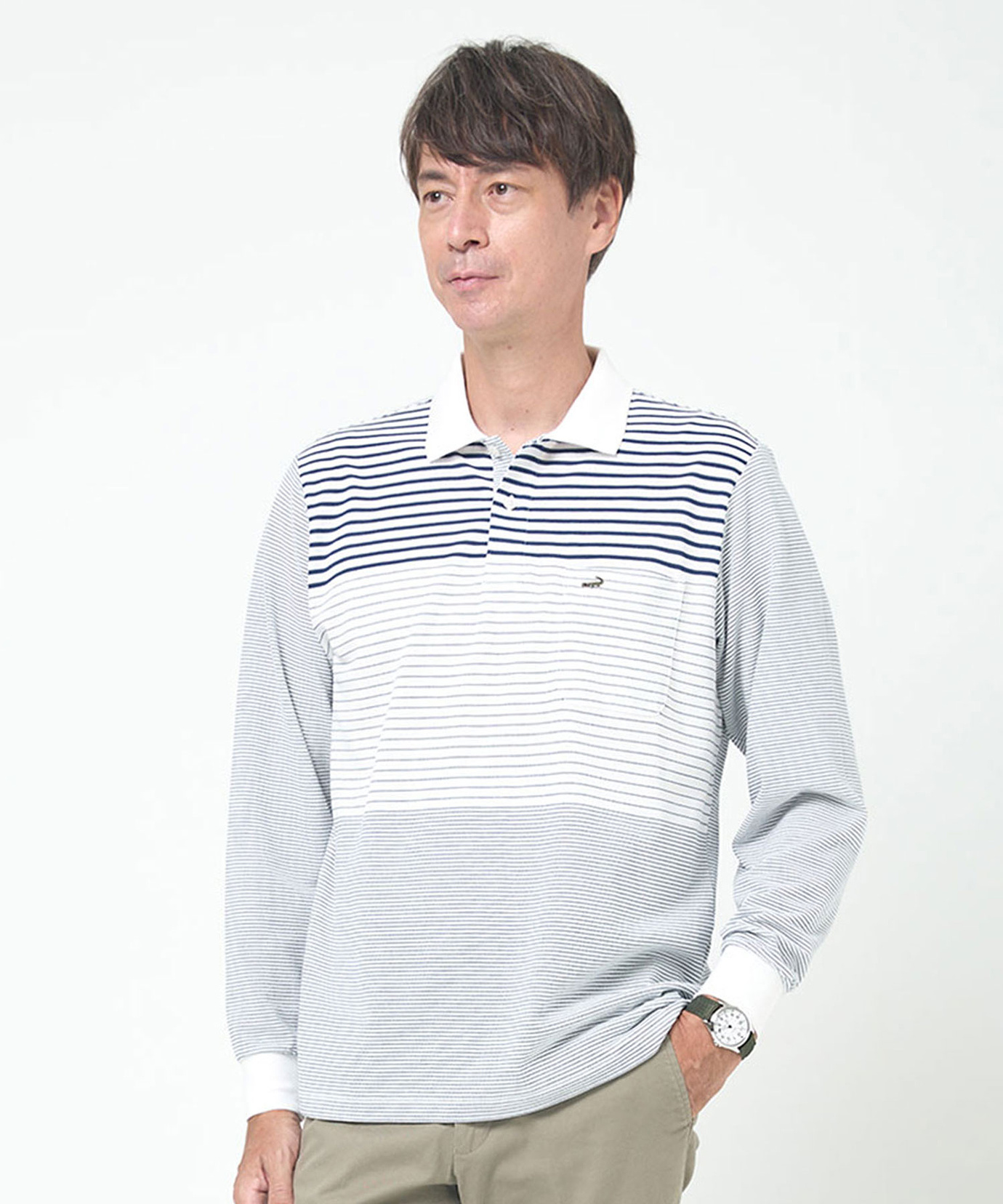 メンズ 切り替えボーダー柄 長袖ポロシャツ通販 [1602-54223