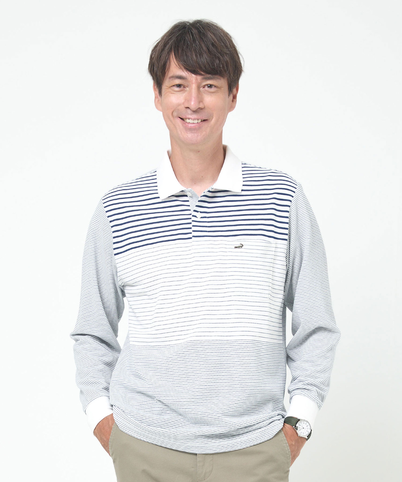 メンズ 切り替えボーダー柄 長袖ポロシャツ通販 [1602-54223