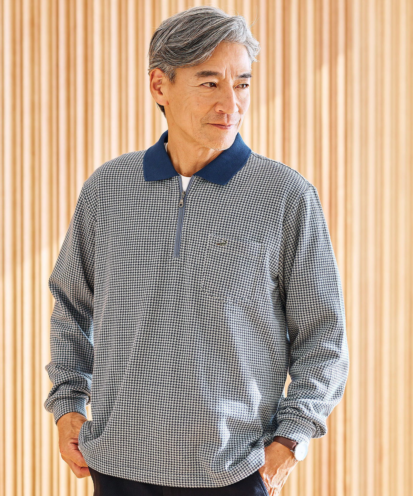 メンズ 千鳥柄 ハーフジップ ポロシャツ通販 [1602-55225