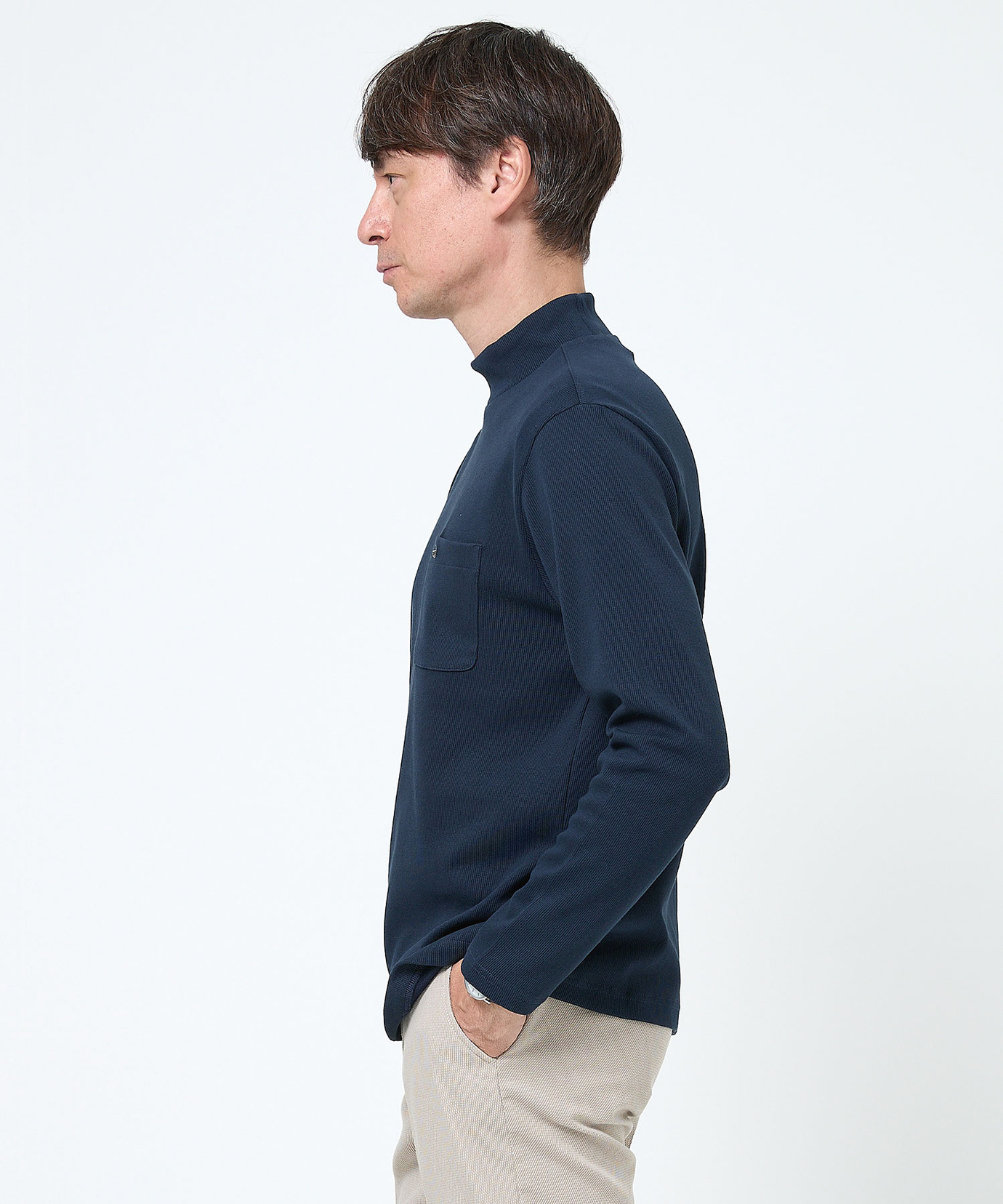 ターコイズ リブ編み ハイネックシャツ コットン ランダムリブ ハイネックTシャツ（長袖）（5268CK71