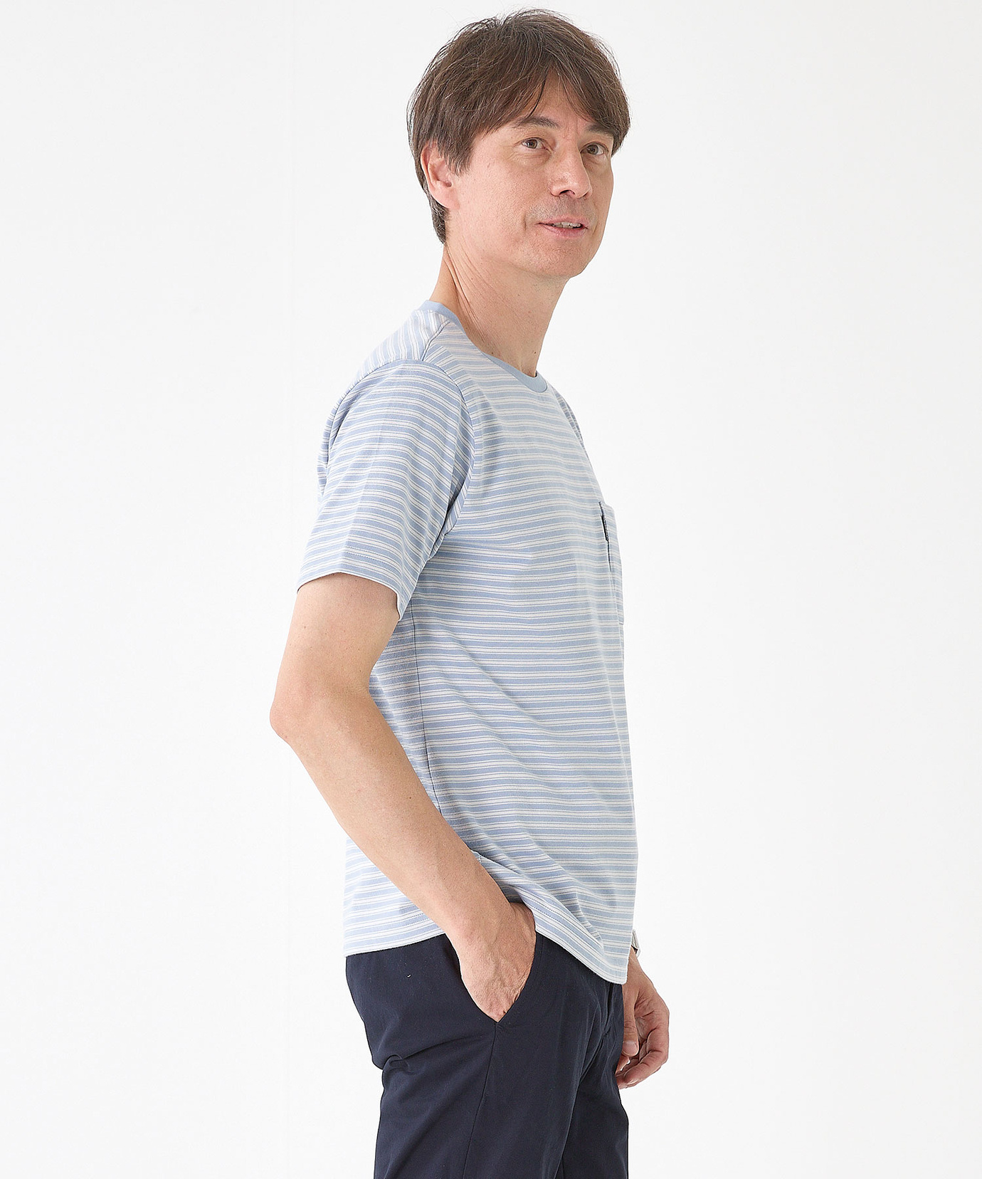 メンズ ボーダー クルーネック Tシャツ【接触冷感】【UV加工】通販