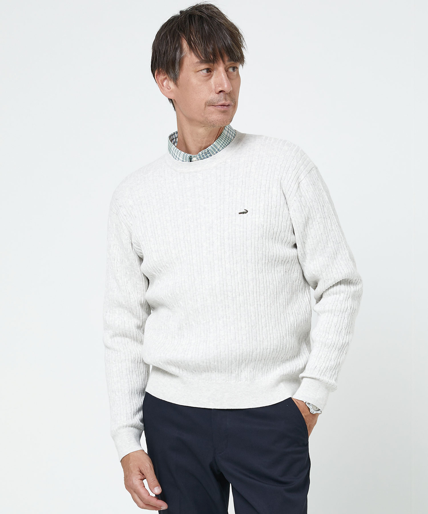 メンズ ハイゲージ ケーブル柄 クルーネック ニット【手洗いOK】通販